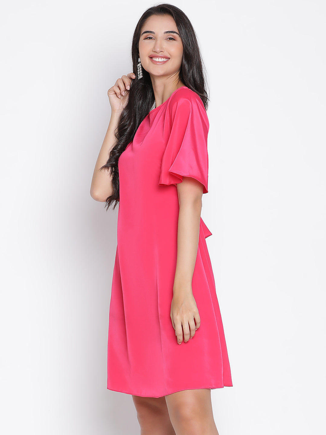 Above Knee,Pink Dress,Above Knee Dress,Round Neck Dress,Short Sleeves Dress,Pink Solid Dress