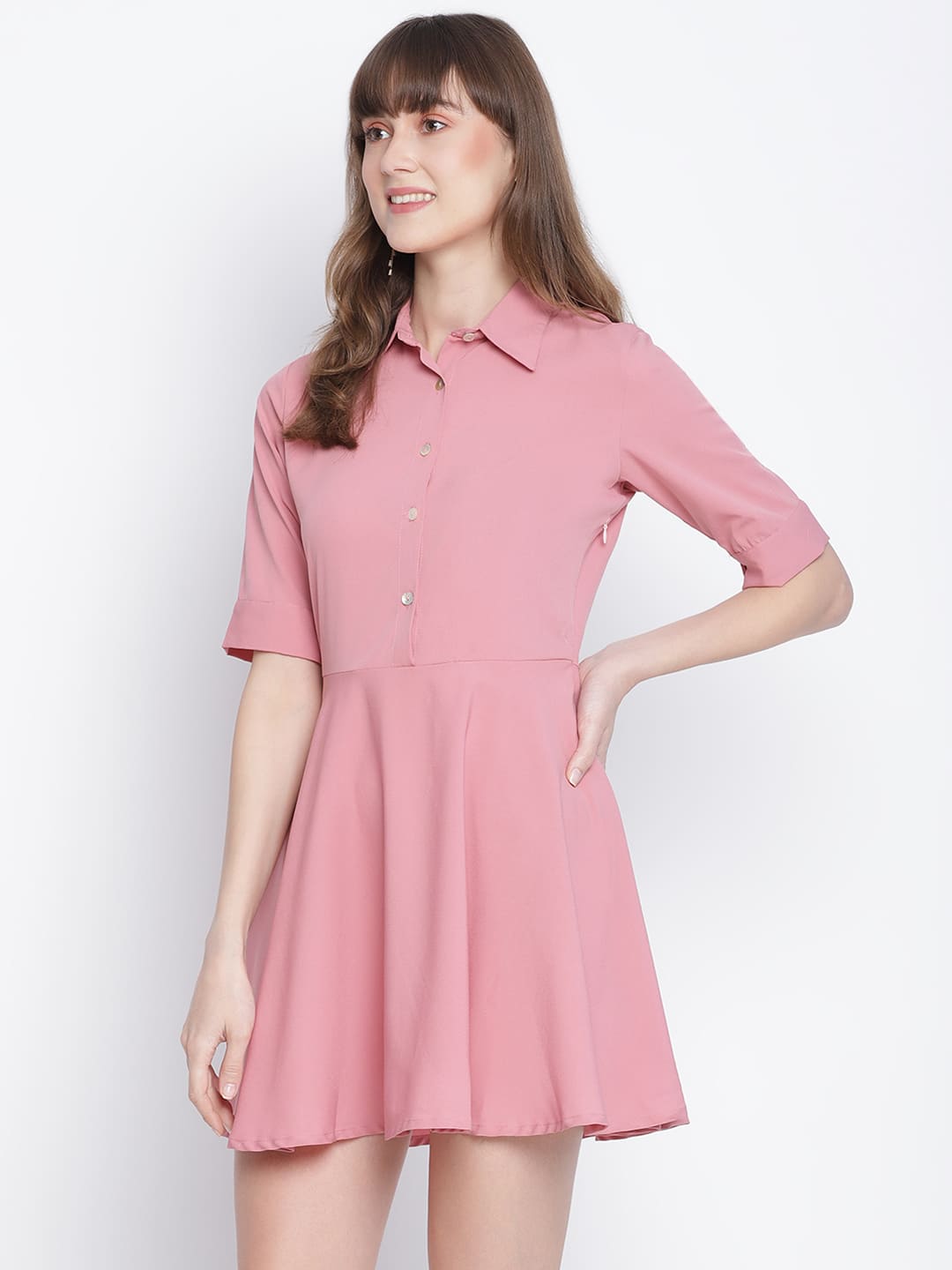 Knee Length,Pink Dress,Knee Length Dress,Collared Neck Dress,Short Sleeves Dress,Pink Solid Dress