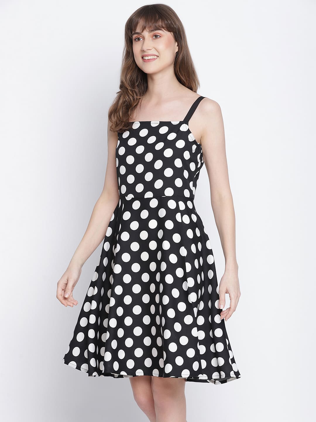 Knee Length,Black Dress,Knee Length Dress,Round Neck Dress,Sleeveless Dress,Black Polka Dot Dress