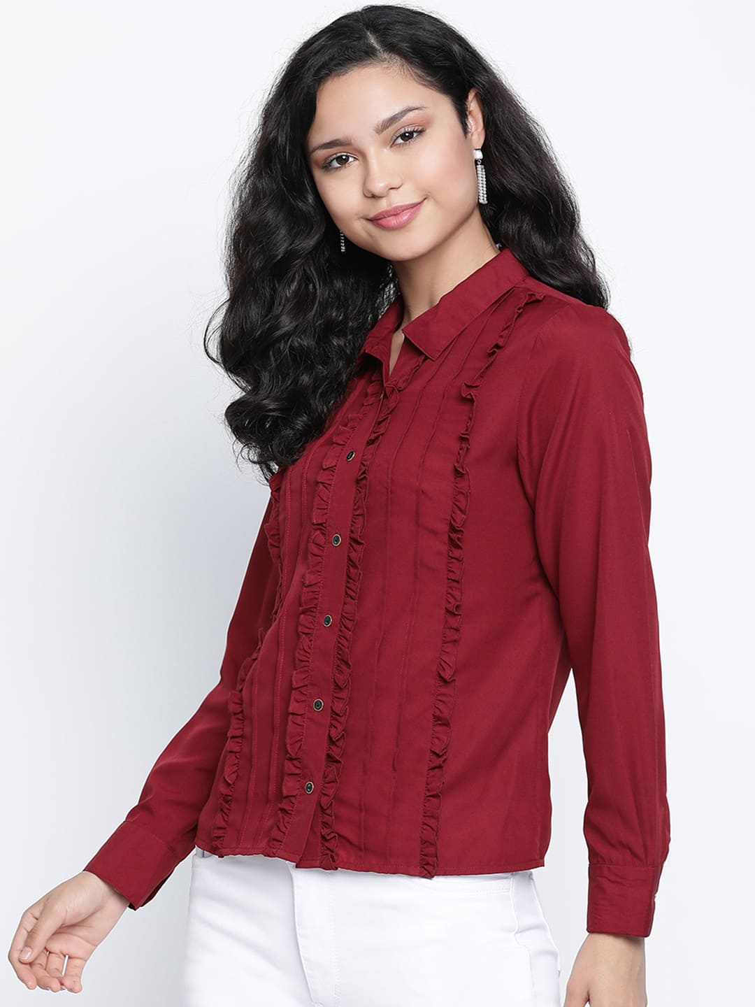 Regular,Maroon Top,Regular Top,Collared Neck Top,Full Sleeves Top,Maroon Solid Top