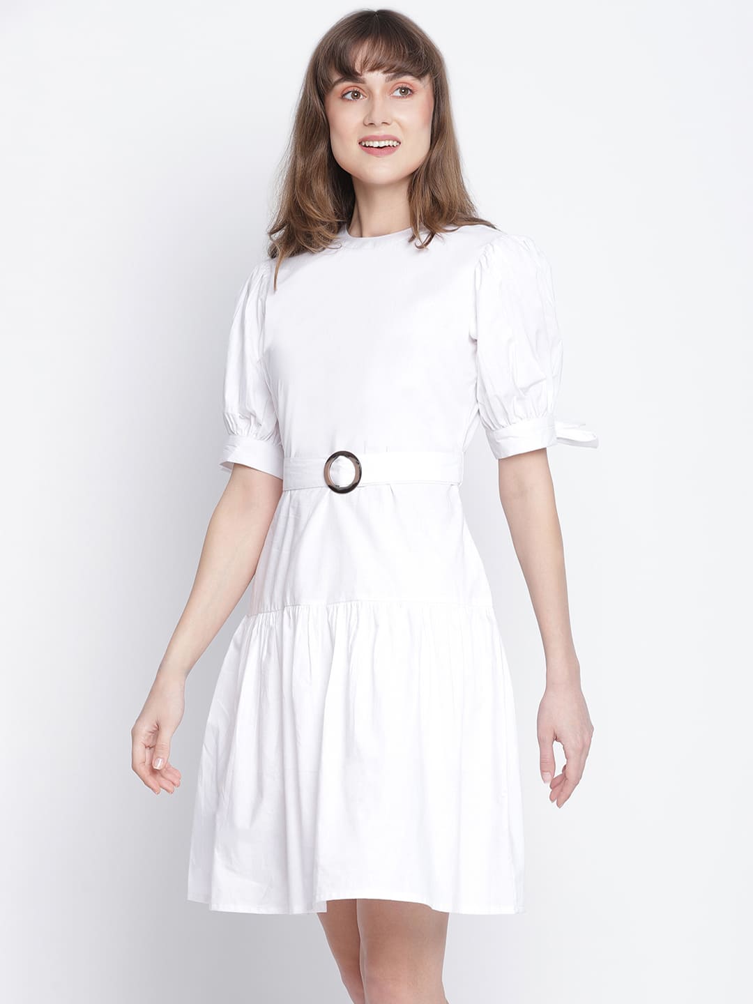 Knee Length,White Dress,Knee Length Dress,Round Neck Dress,Short Sleeves Dress,White Solid Dress