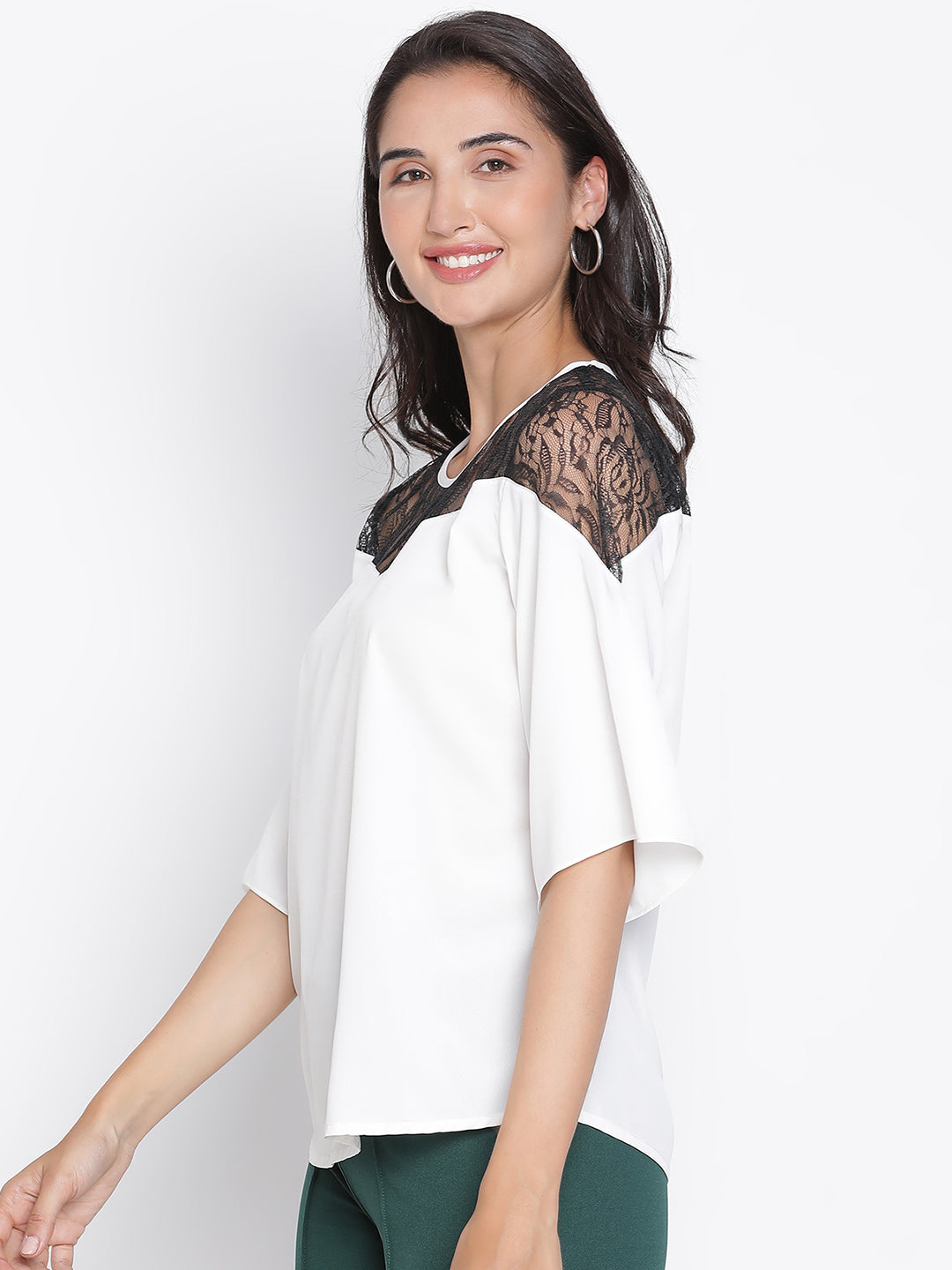 Regular,White Top,Regular Top,Round Neck Top,Quater Sleeves Top,White Solid Top