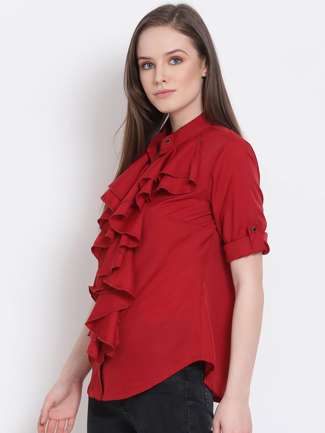 Regular,Red Top,Regular Top,Round Neck Top,Short Sleeves Top,Red Solid Top