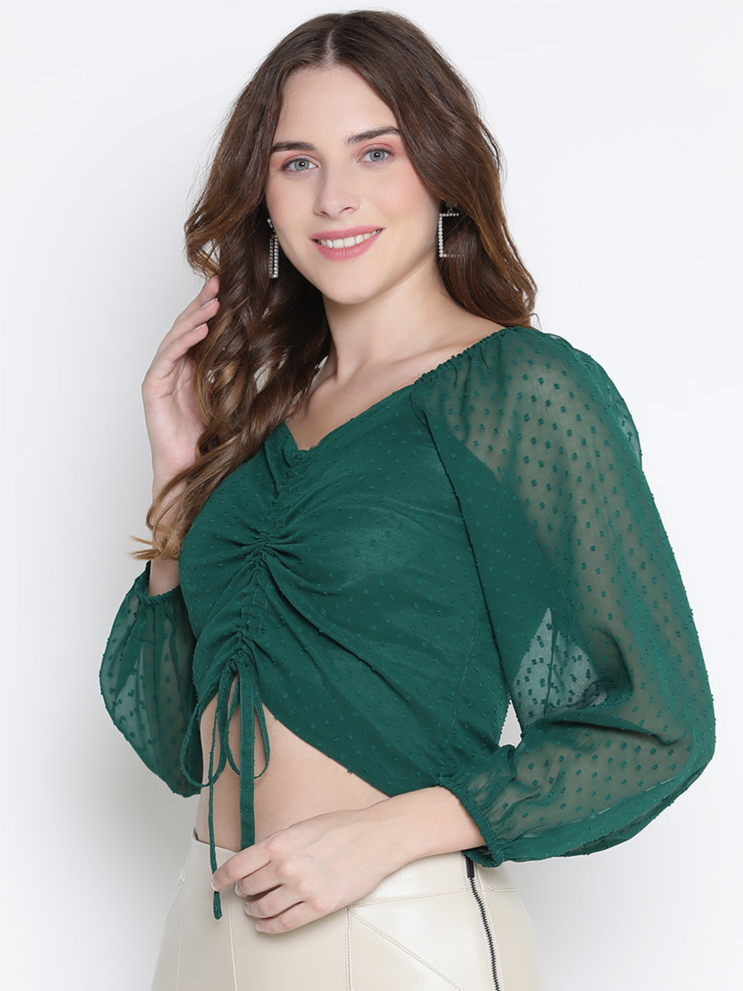 Crop Top,Green Top,Crop Top,V-Neck Top,Full Sleeves Top,Green Solid Top