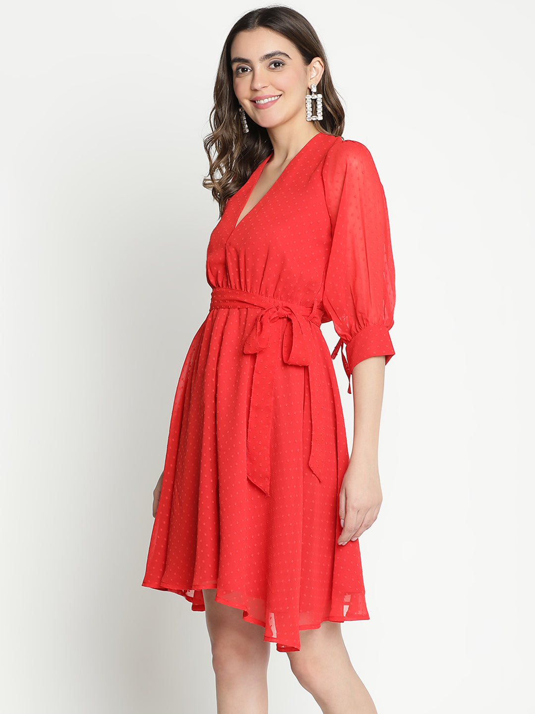 Knee Length,Red Dress,Knee Length Dress,V-Neck Dress,Quater Sleeves Dress,Red Solid Dress