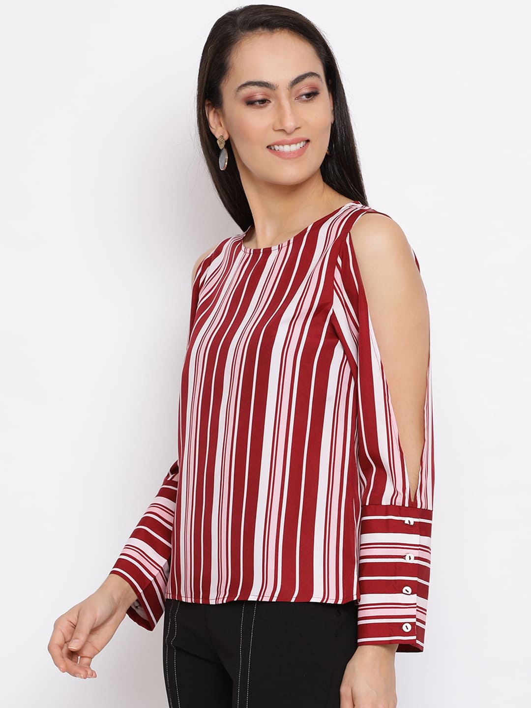 Regular,Red Top,Regular Top,Round Neck Top,Full Sleeves Top,Red Stripes Top