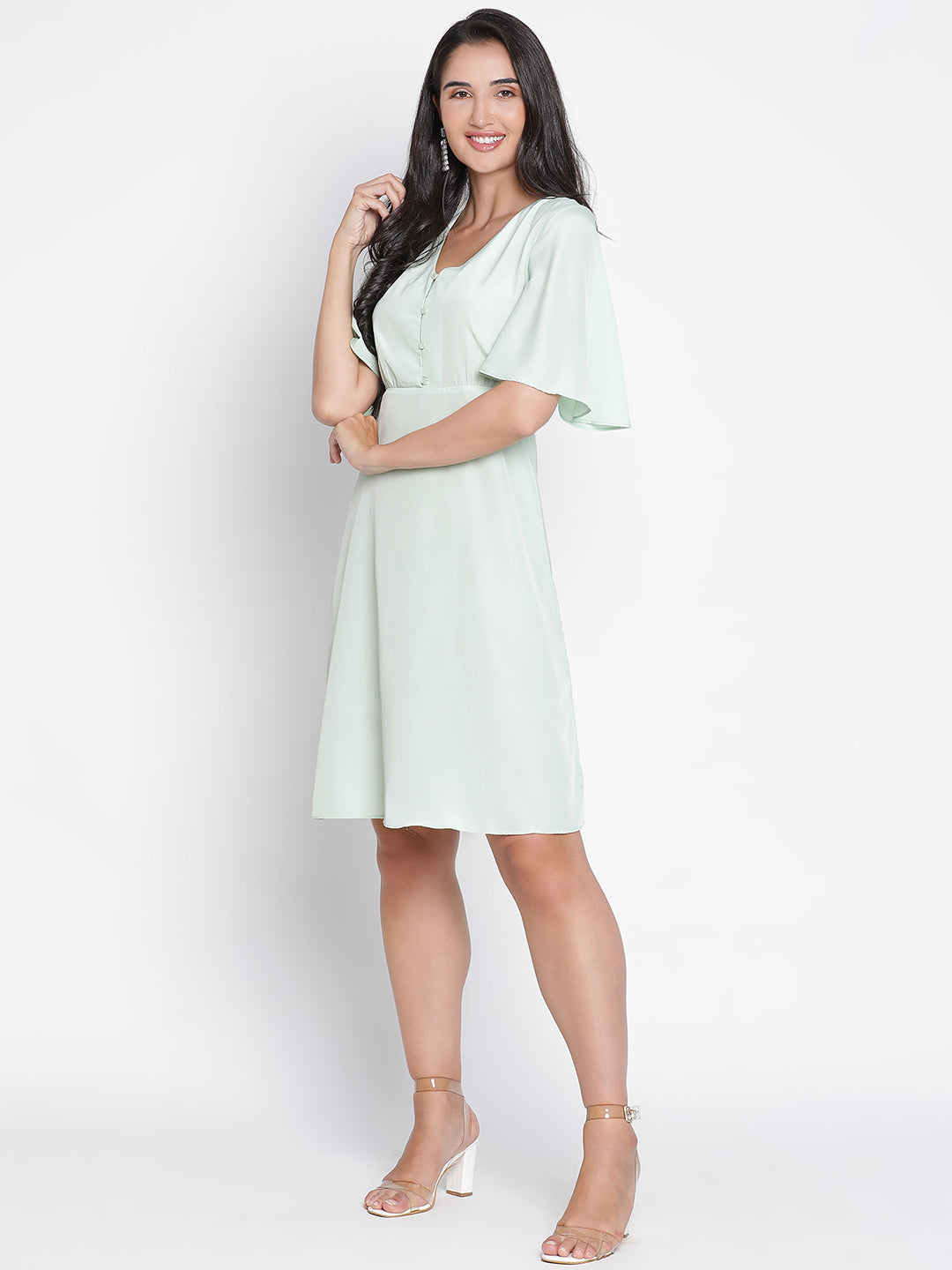 Knee Length,Green Dress,Knee Length Dress,V-Neck Dress,Short Sleeves Dress,Green Solid Dress