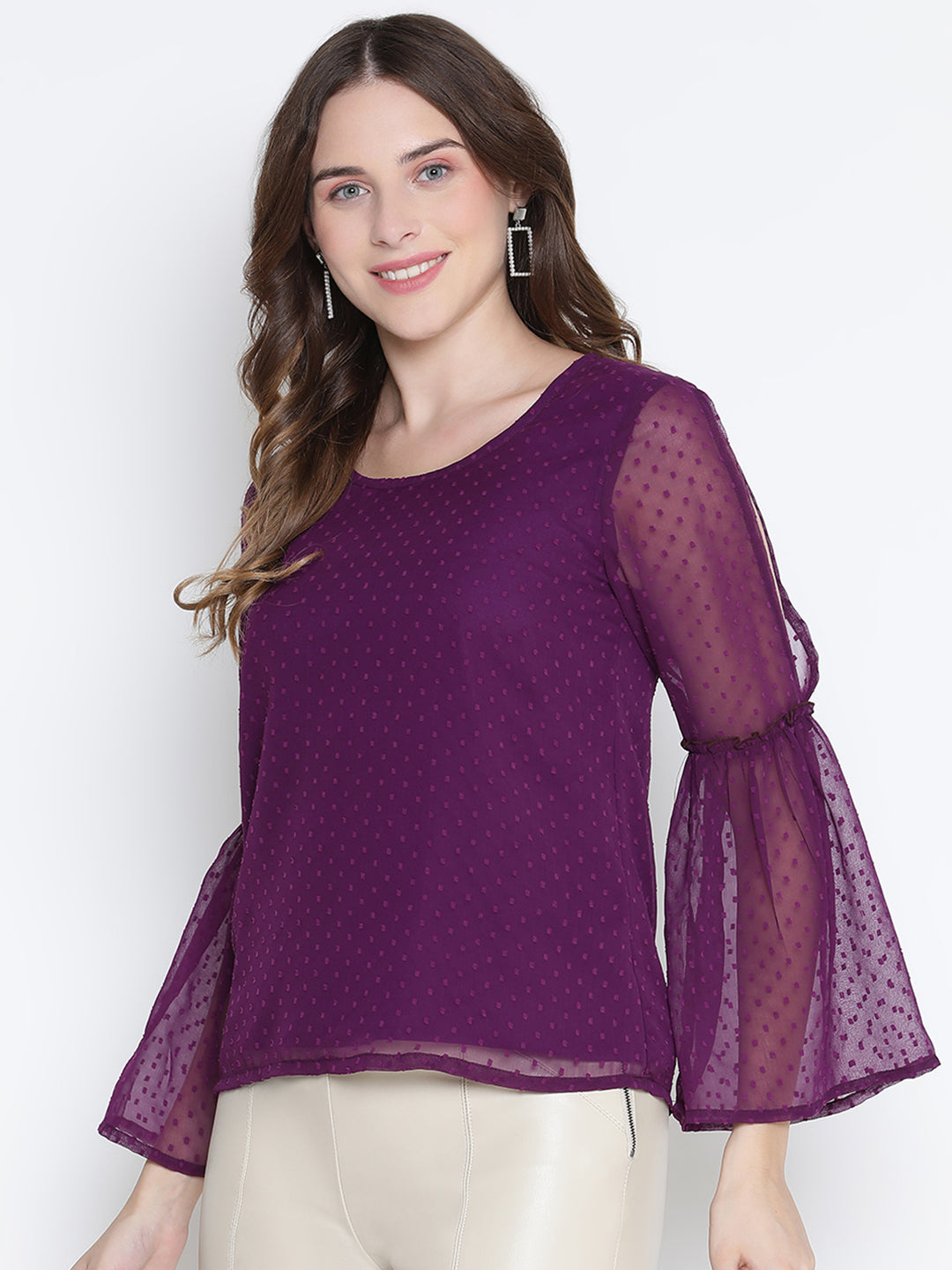 Regular,Purple Top,Regular Top,Round Neck Top,Full Sleeves Top,Purple Solid Top