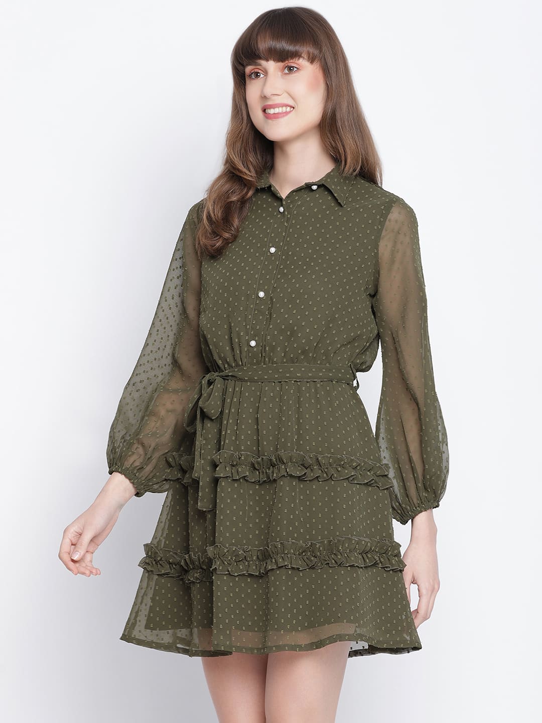 Knee Length,Green Dress,Knee Length Dress,Collared Neck Dress,Full Sleeves Dress,Green Solid Dress