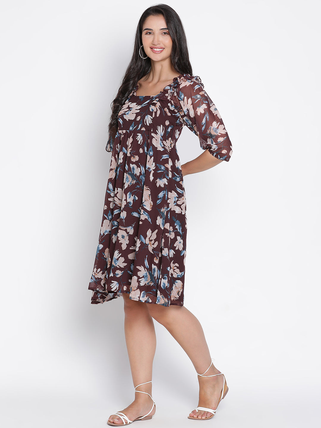 Knee Length,Brown Dress,Knee Length Dress,Square Neck Dress,Short Sleeves Dress,Brown Floral Print Dress