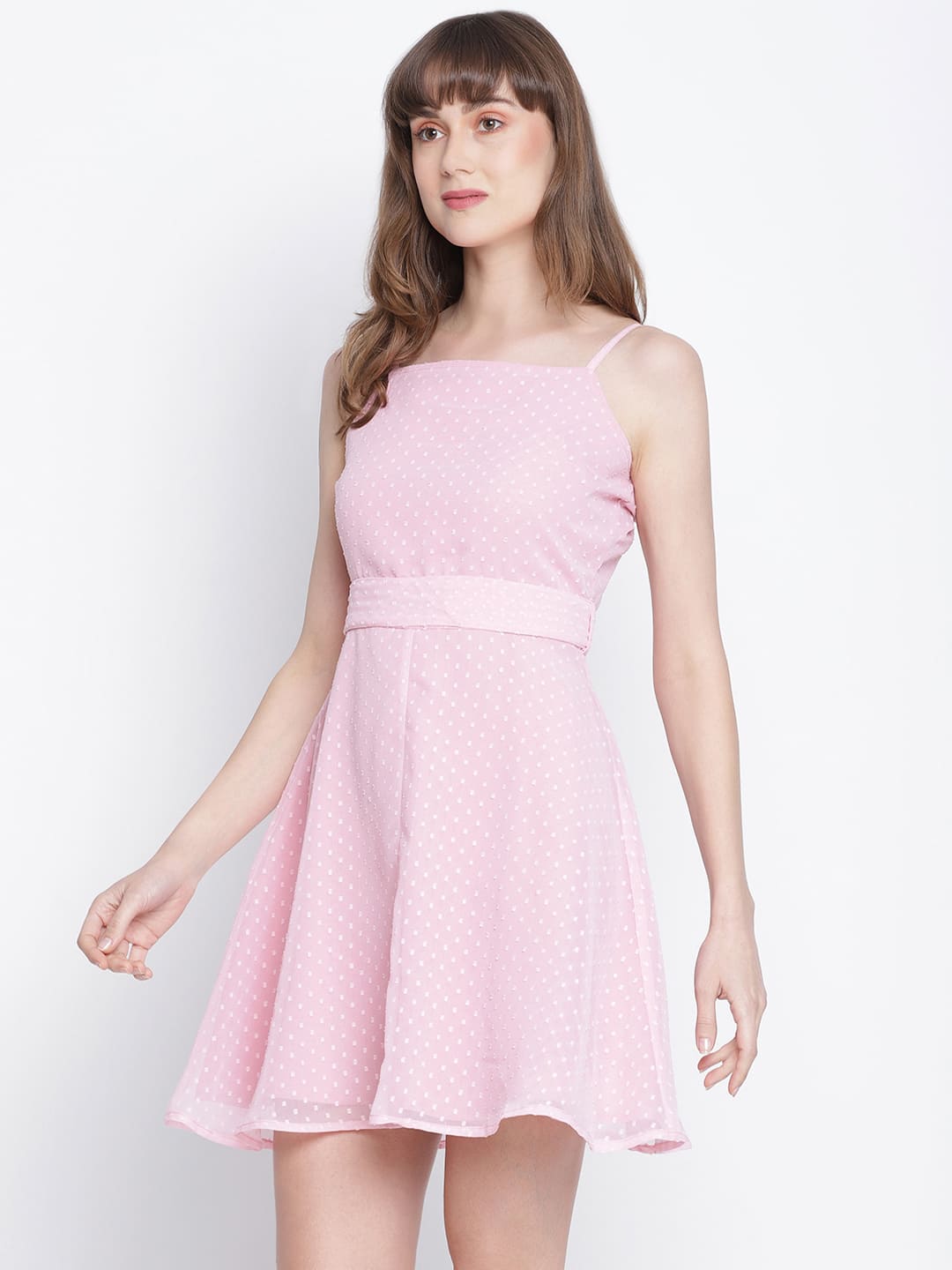 Knee Length,Pink Dress,Knee Length Dress,Round Neck Dress,Sleeveless Dress,Pink Solid Dress