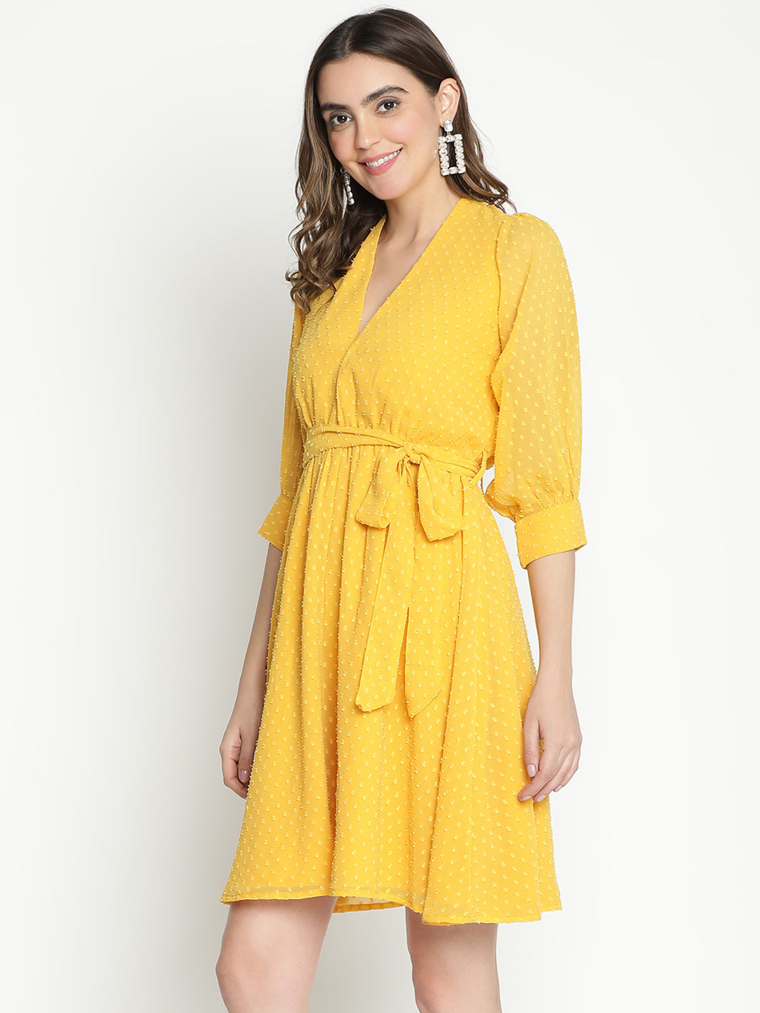 Knee Length,Yellow Dress,Knee Length Dress,V-Neck Dress,Quater Sleeves Dress,Yellow Solid Dress