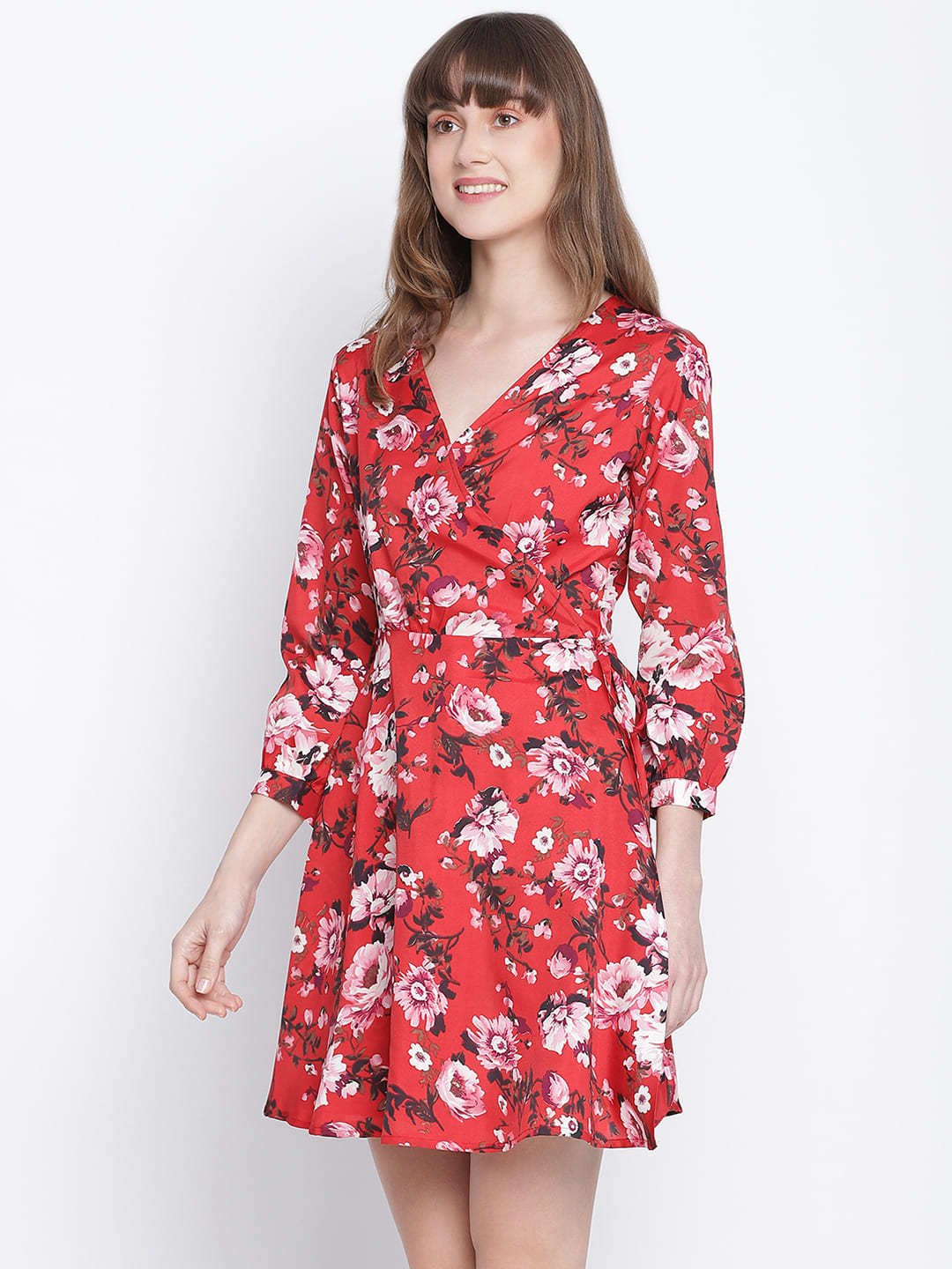 Knee Length,Red Dress,Knee Length Dress,V-Neck Dress,Quater Sleeves Dress,Red Floral Print Dress