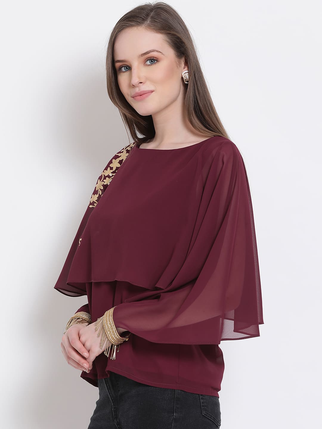 Regular,Maroon Top,Regular Top,Round Neck Top,Quater Sleeves Top,Maroon Embellished Top