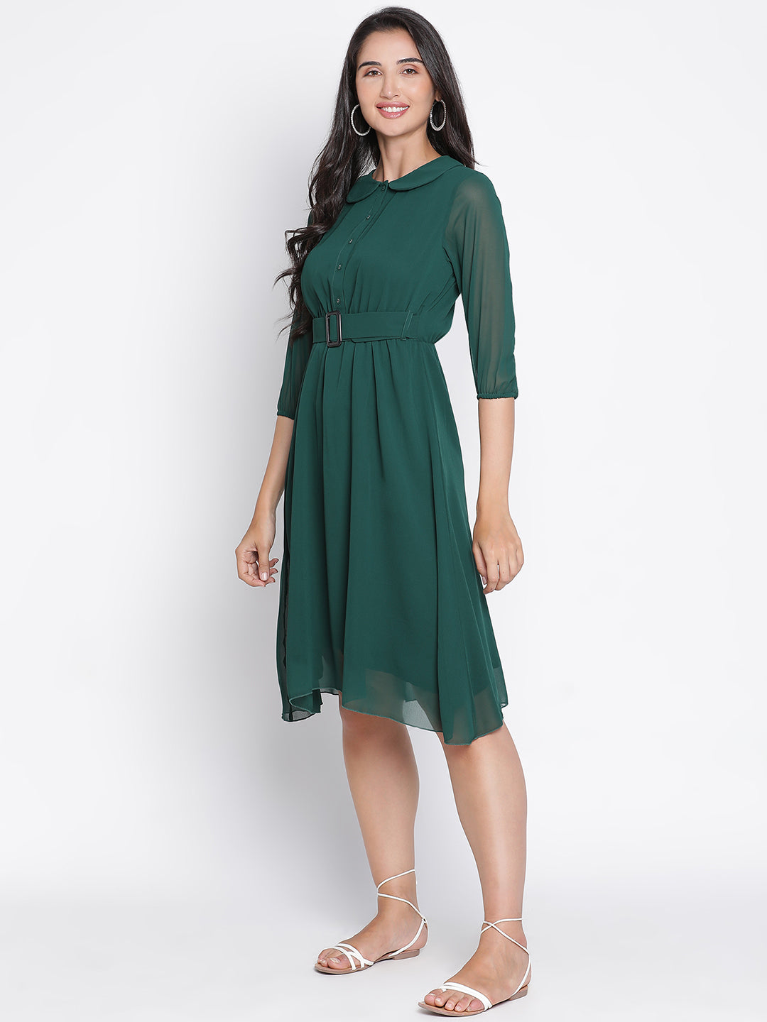 Knee Length,Green Dress,Knee Length Dress,Collared Neck Dress,Quater Sleeves Dress,Green Solid Dress