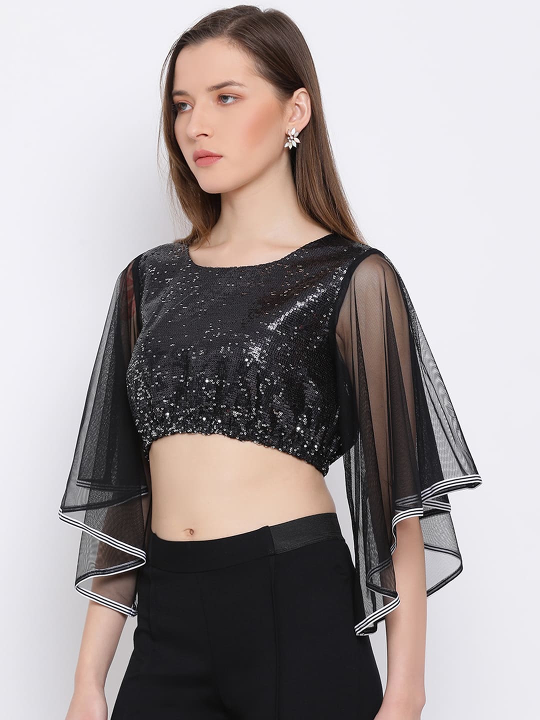 Crop Top,Black Top,Crop Top,Round Neck Top,Quater Sleeves Top,Black Sequined Top