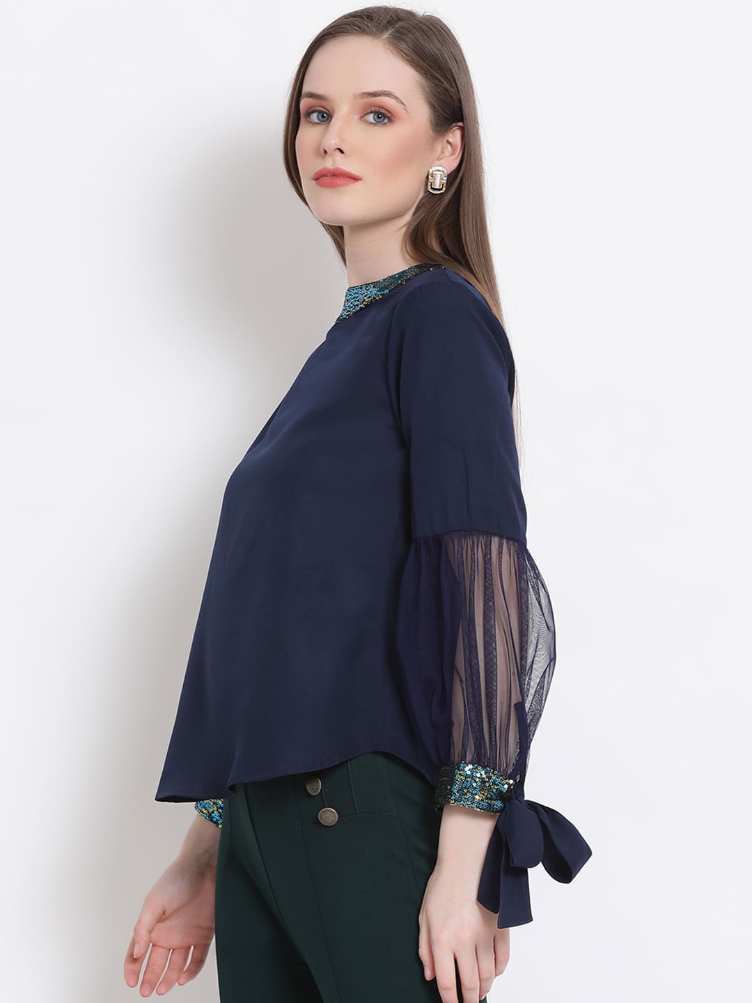 Regular,Blue Top,Regular Top,Round Neck Top,Full Sleeves Top,Blue Solid Top