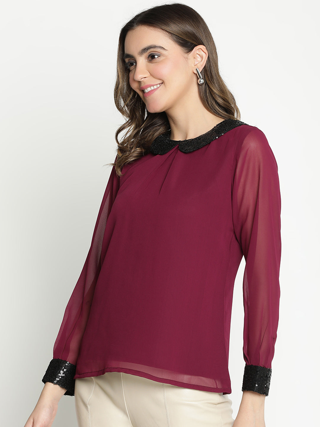 Regular,Maroon Top,Regular Top,Collared Neck Top,Full Sleeves Top,Maroon Solid Top