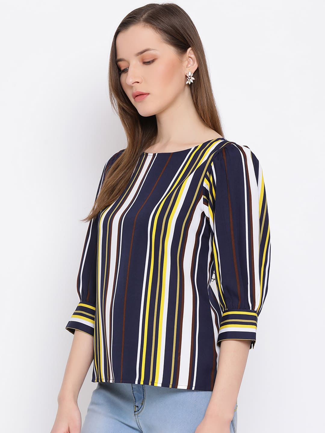 Regular,Blue Top,Regular Top,Round Neck Top,Full Sleeves Top,Blue Stripes Top