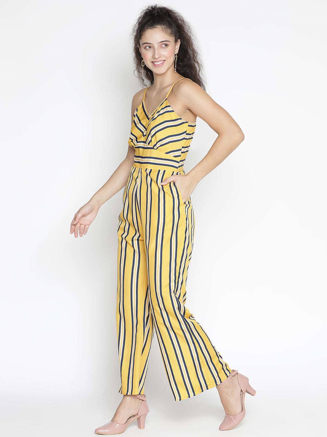 Ankle Length,Yellow Jumpsuit,Ankle Length Jumpsuit,V-Neck Jumpsuit,Sleeveless Jumpsuit,Yellow Stripes Jumpsuit