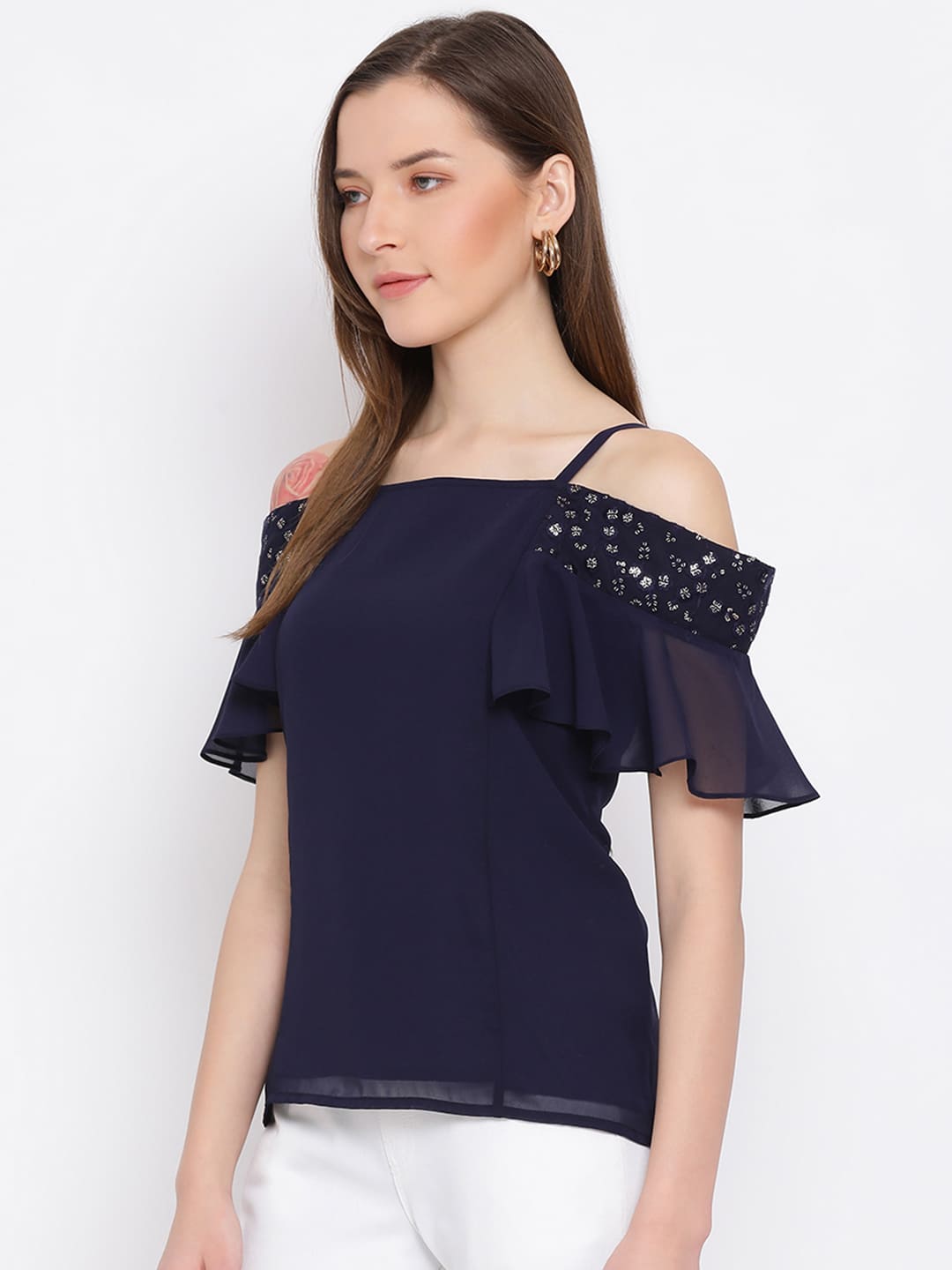 Regular,Blue Top,Regular Top,Off Shoulder Top,Sleeveless Top,Blue Solid Top