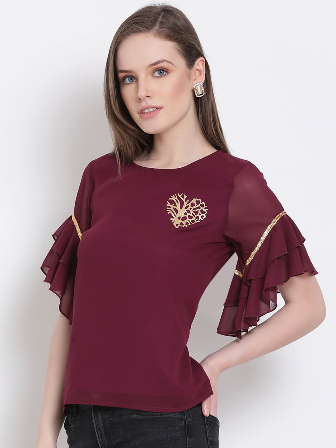 Regular,Maroon Top,Regular Top,Round Neck Top,Quater Sleeves Top,Maroon Embellished Top