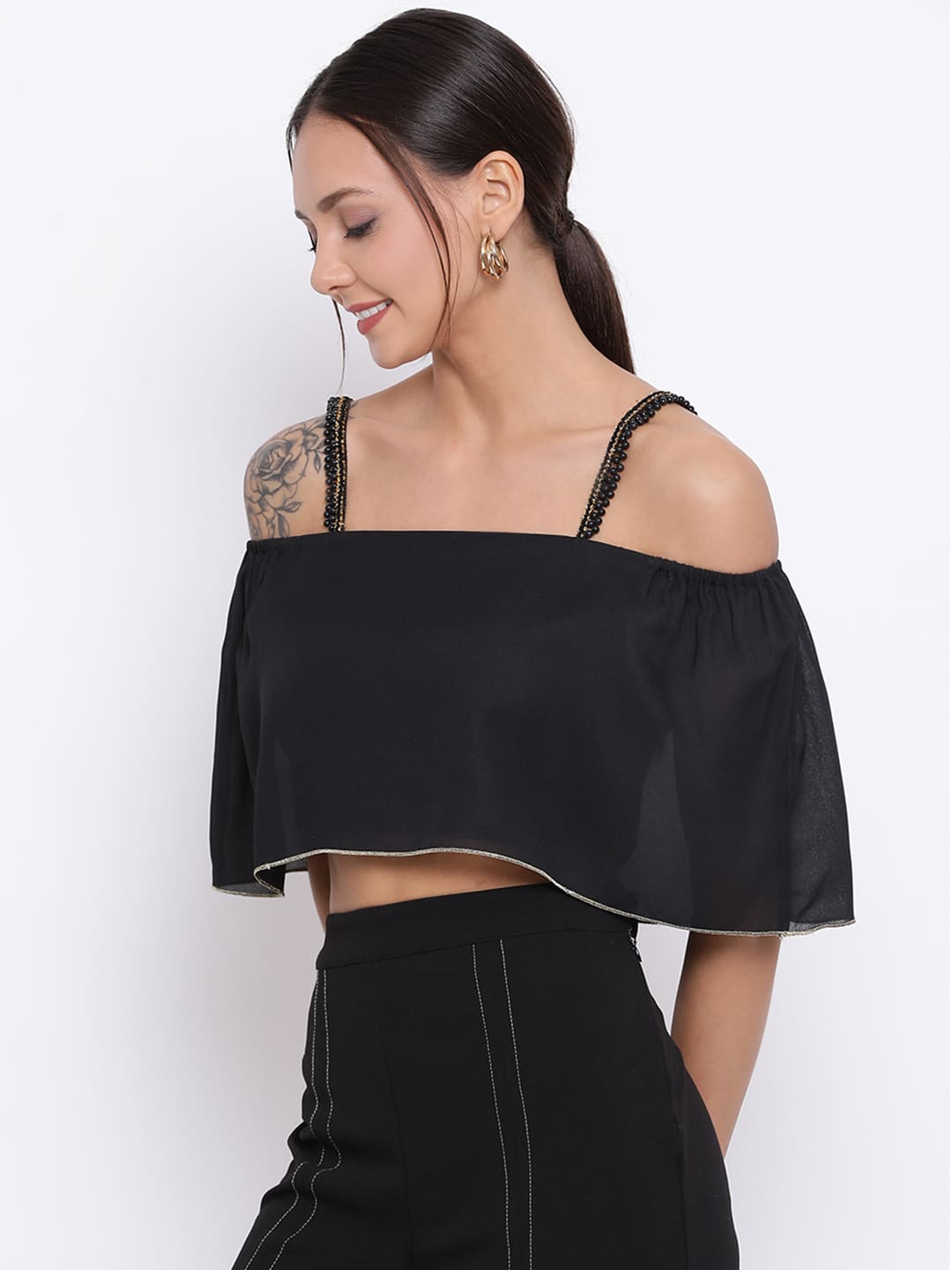 Crop Top,Black Top,Crop Top,Off Shoulder Top,Sleeveless Top,Black Solid Top