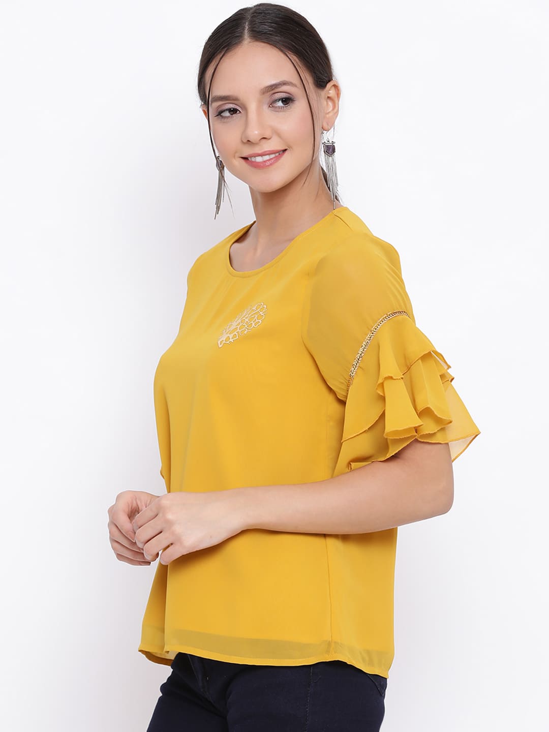 Regular,Yellow Top,Regular Top,Round Neck Top,Short Sleeves Top,Yellow Embellished Top