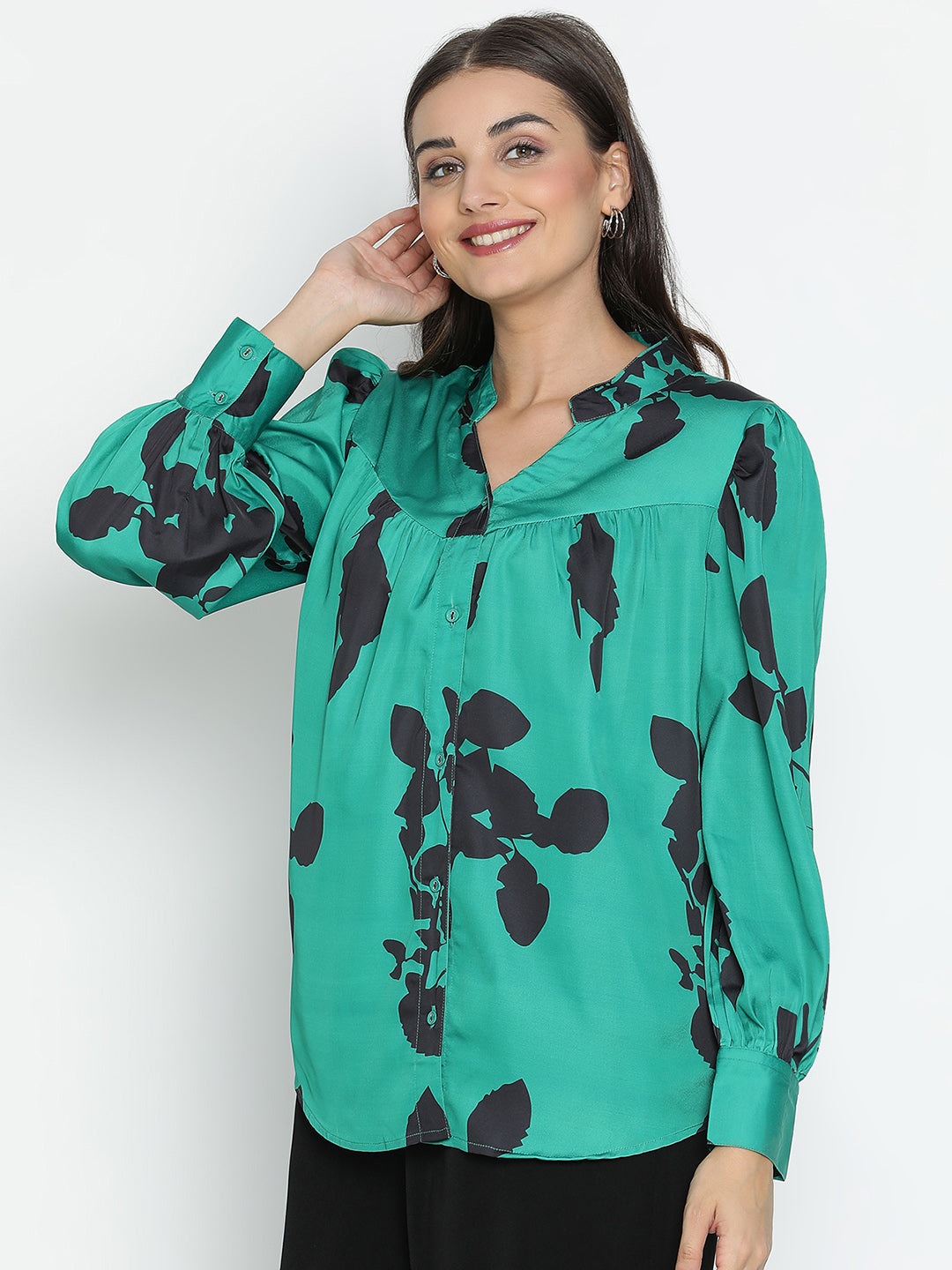 DRAAX FASHIONS Womens Full Sleeves Collared Green Printed Shirt Style Top