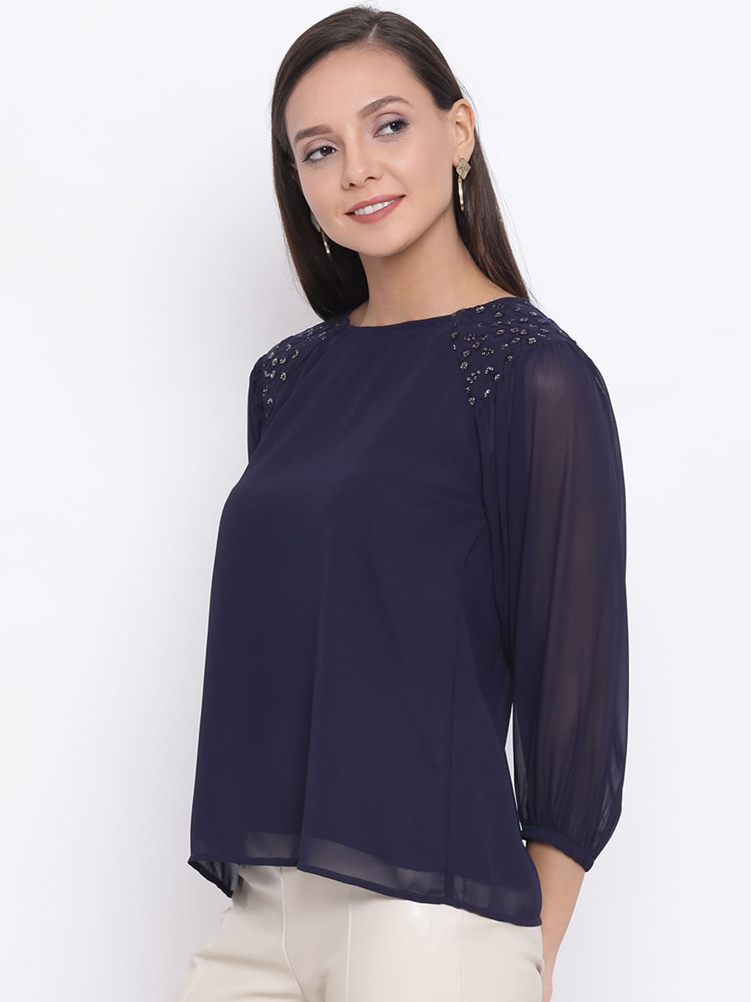 Regular,Blue Top,Regular Top,Round Neck Top,Quater Sleeves Top,Blue Solid Top