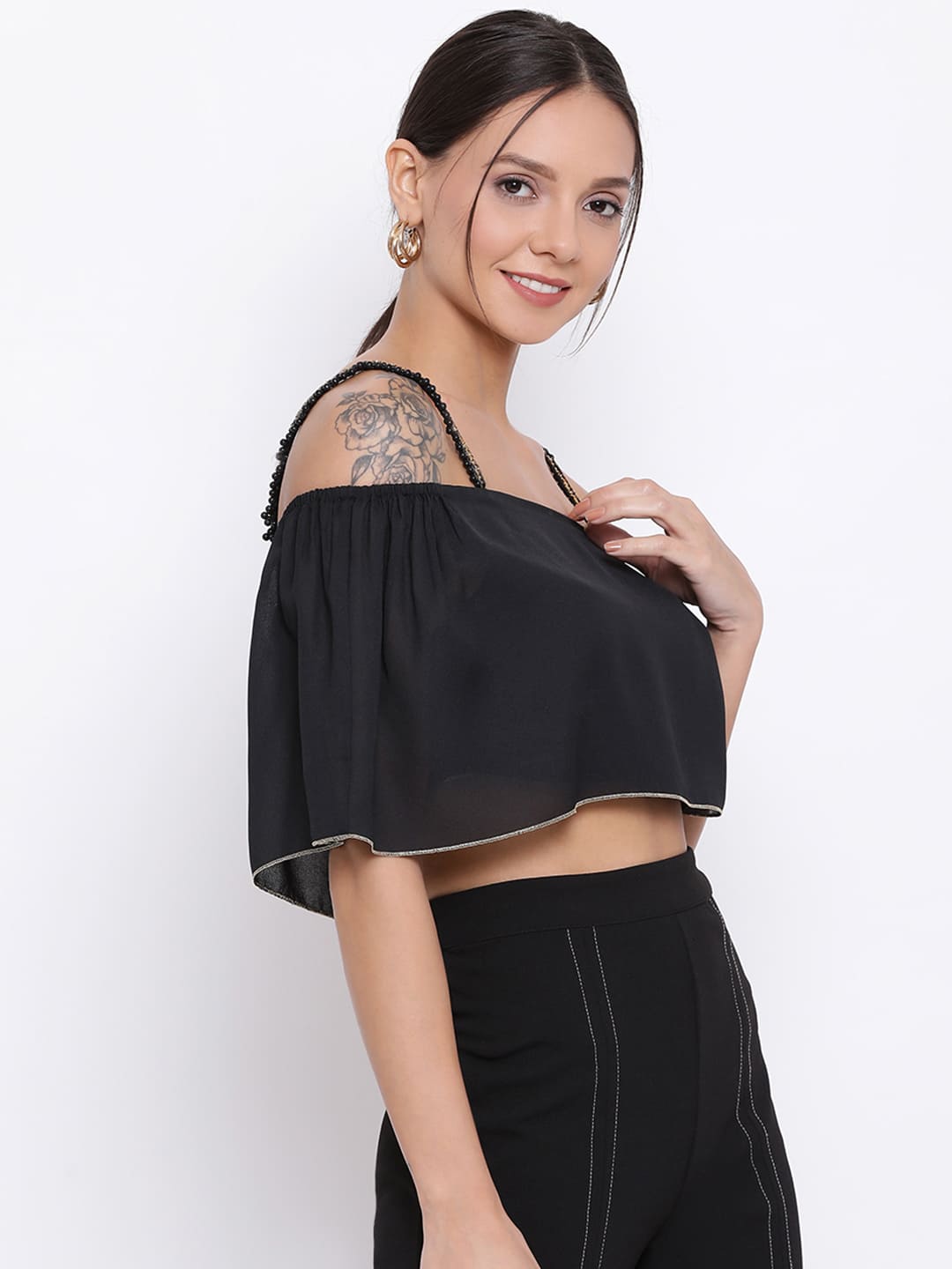 Crop Top,Black Top,Crop Top,Off Shoulder Top,Sleeveless Top,Black Solid Top