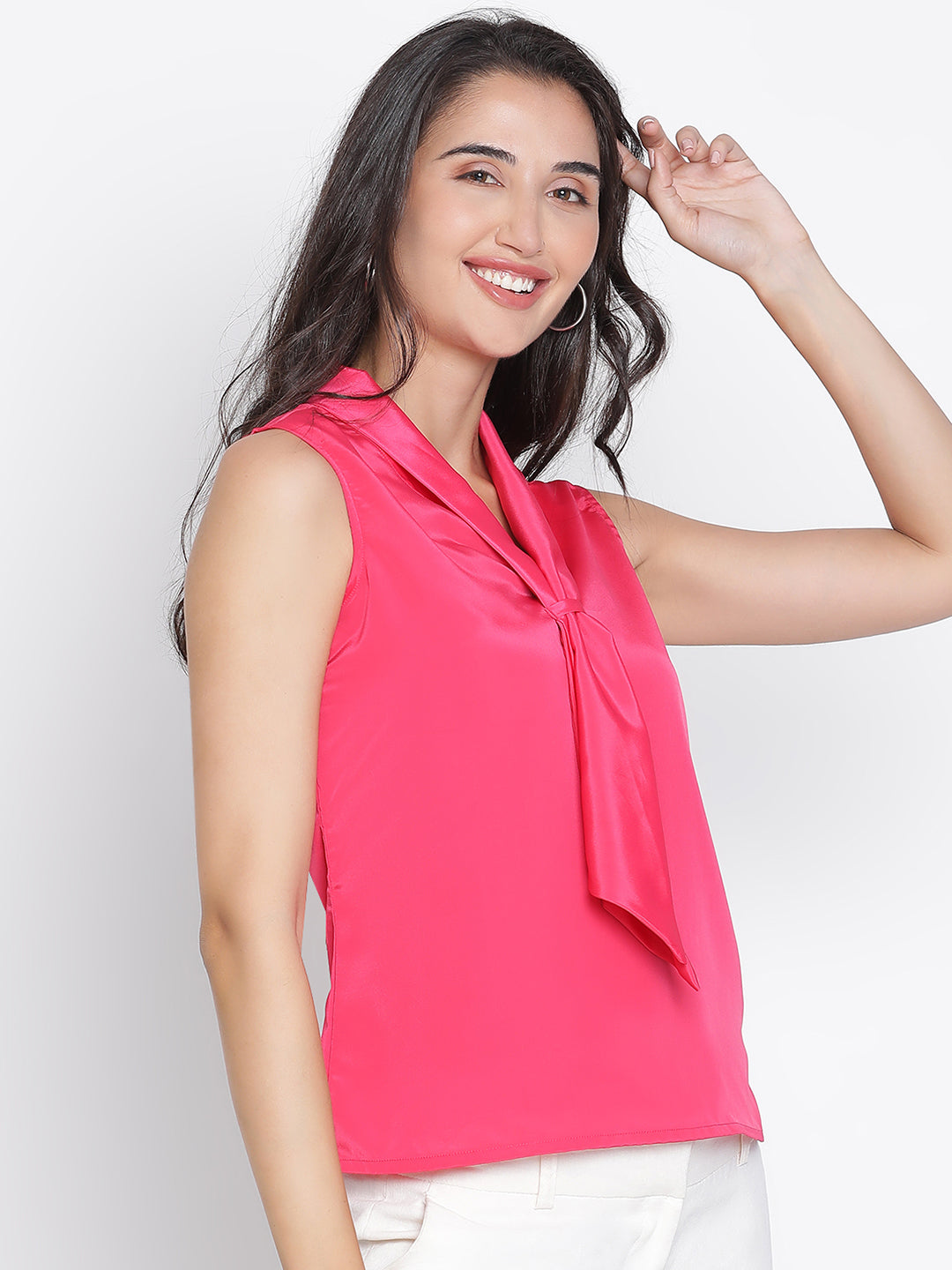 Regular,Pink Top,Regular Top,V-Neck Top,Sleeveless Top,Pink Solid Top