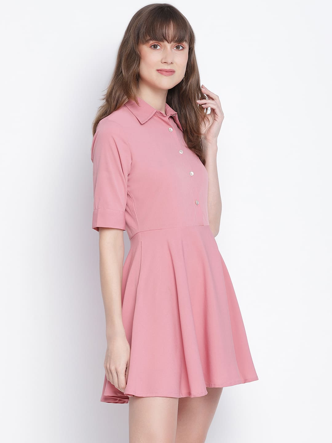 Knee Length,Pink Dress,Knee Length Dress,Collared Neck Dress,Short Sleeves Dress,Pink Solid Dress