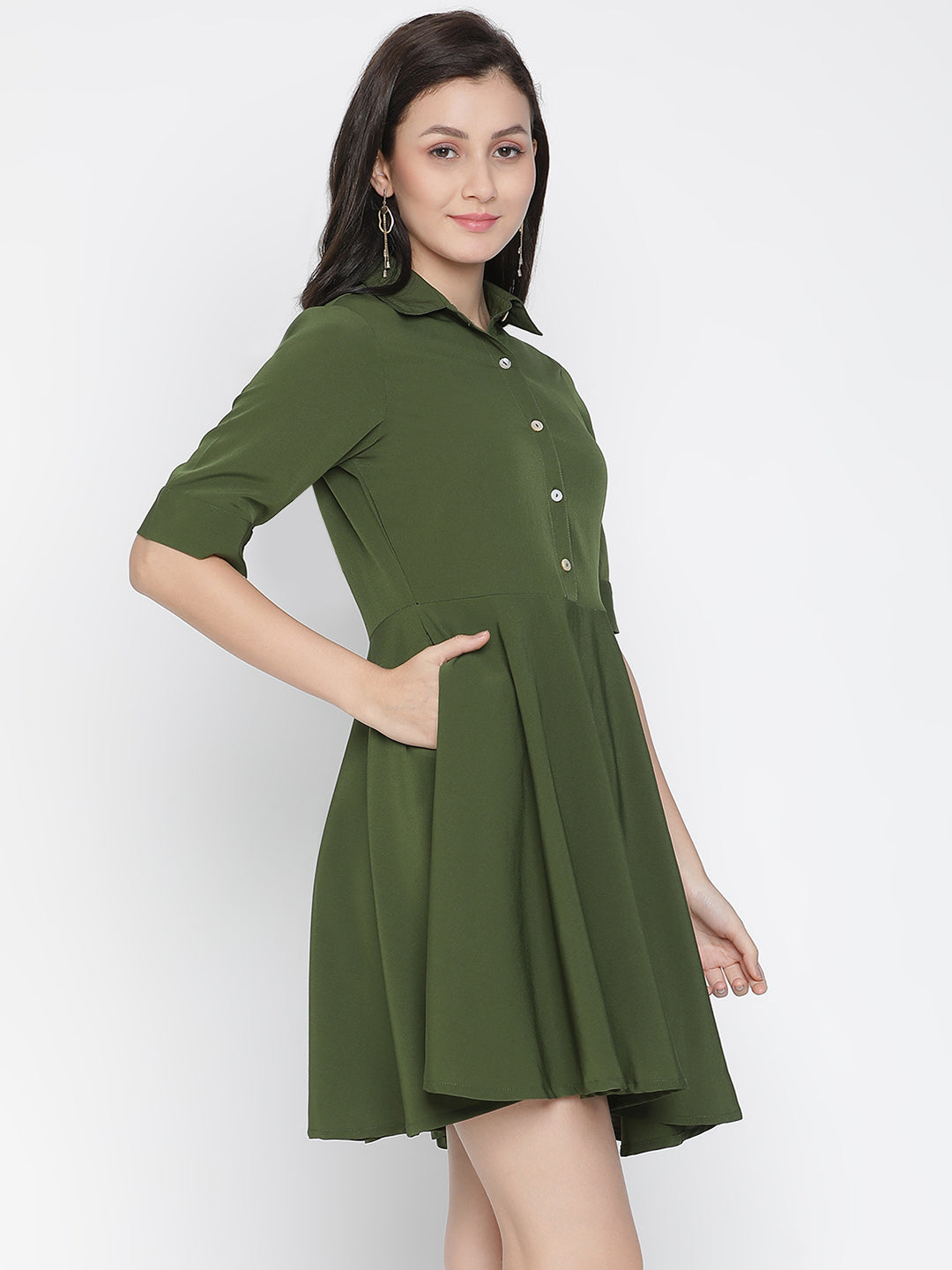 Knee Length,Green Dress,Knee Length Dress,Collared Neck Dress,Short Sleeves Dress,Green Solid Dress