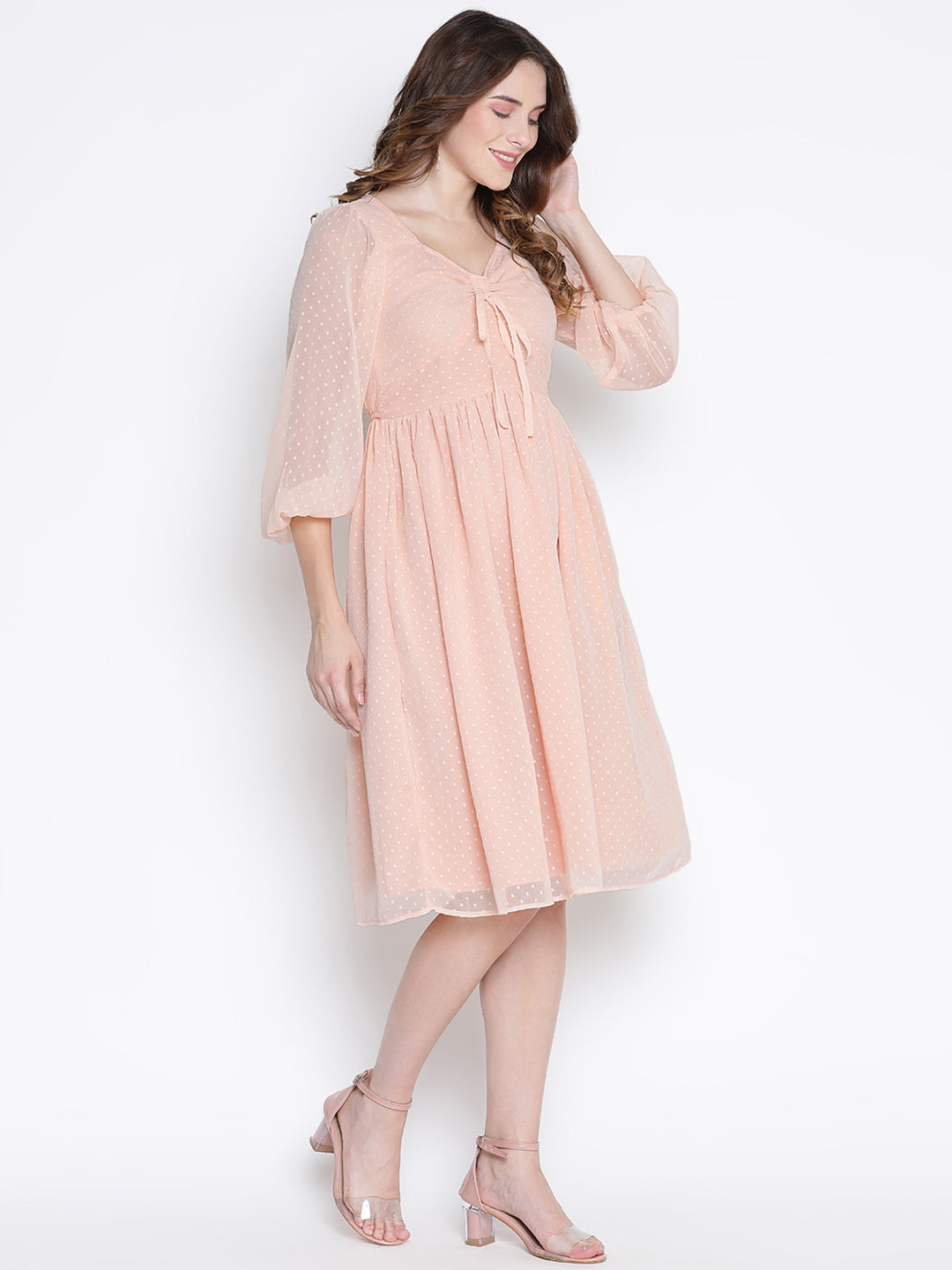 Knee Length,Peach Dress,Knee Length Dress,Collared Neck Dress,Quater Sleeves Dress,Peach Solid Dress