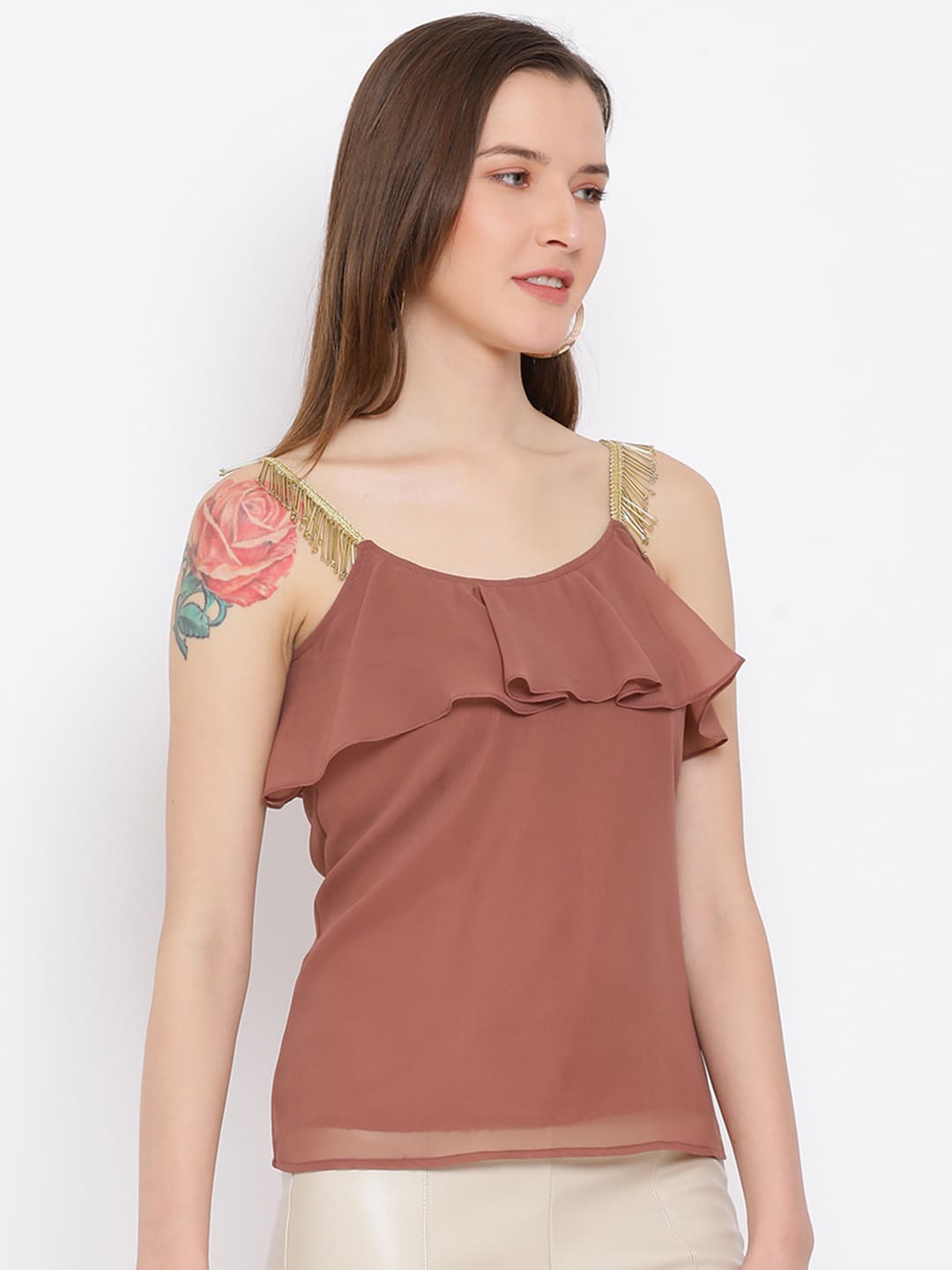 Spaghetti Top,Brown Top,Spaghetti Top,Round Neck Top,Sleeveless Top,Brown Solid Top