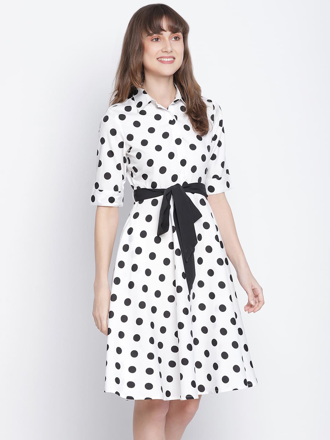 Knee Length,White Dress,Knee Length Dress,Collared Neck Dress,Short Sleeves Dress,White Polka Dot Dress