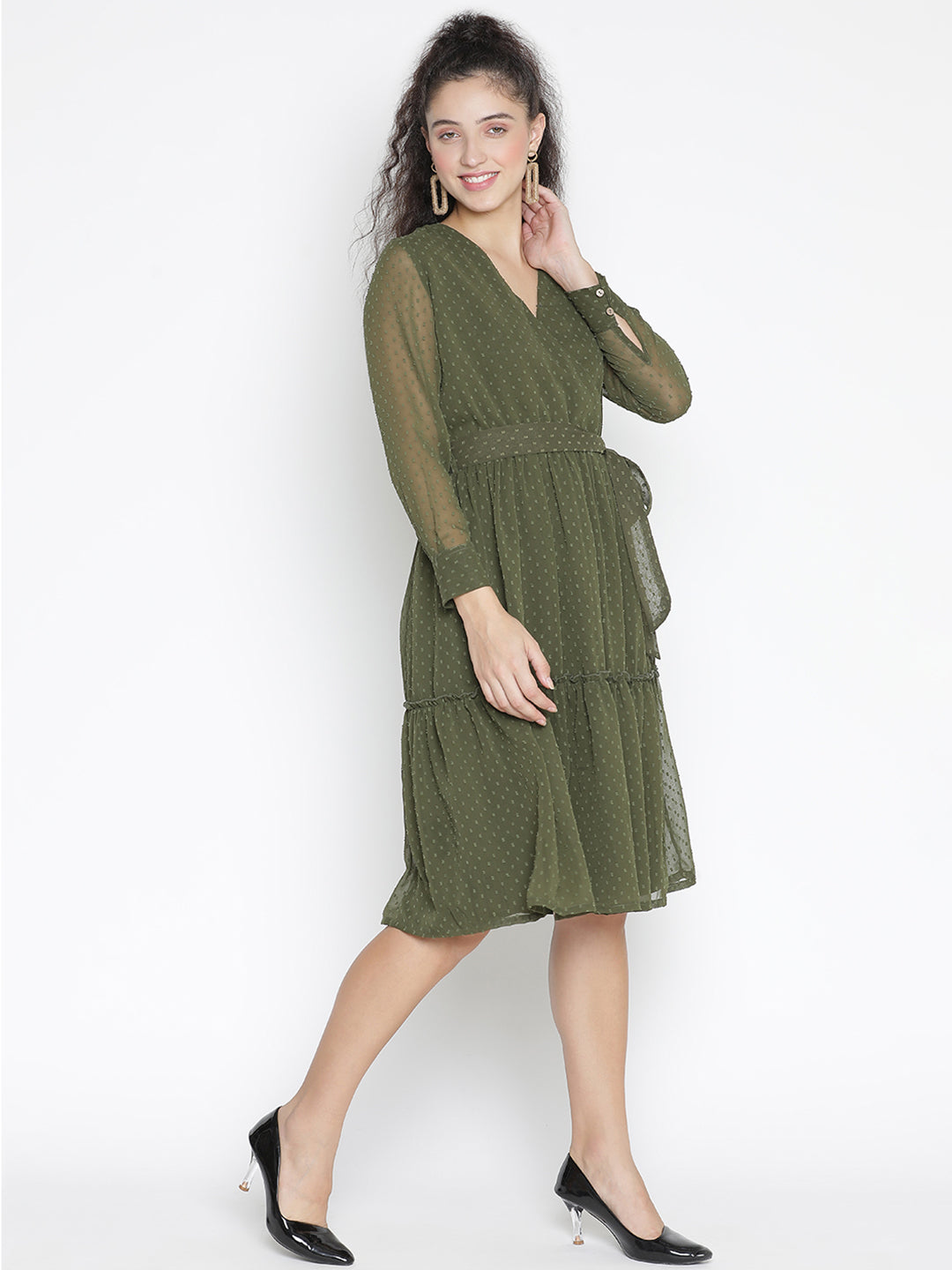 Knee Length,Green Dress,Knee Length Dress,V-Neck Dress,Full Sleeves Dress,Green Solid Dress