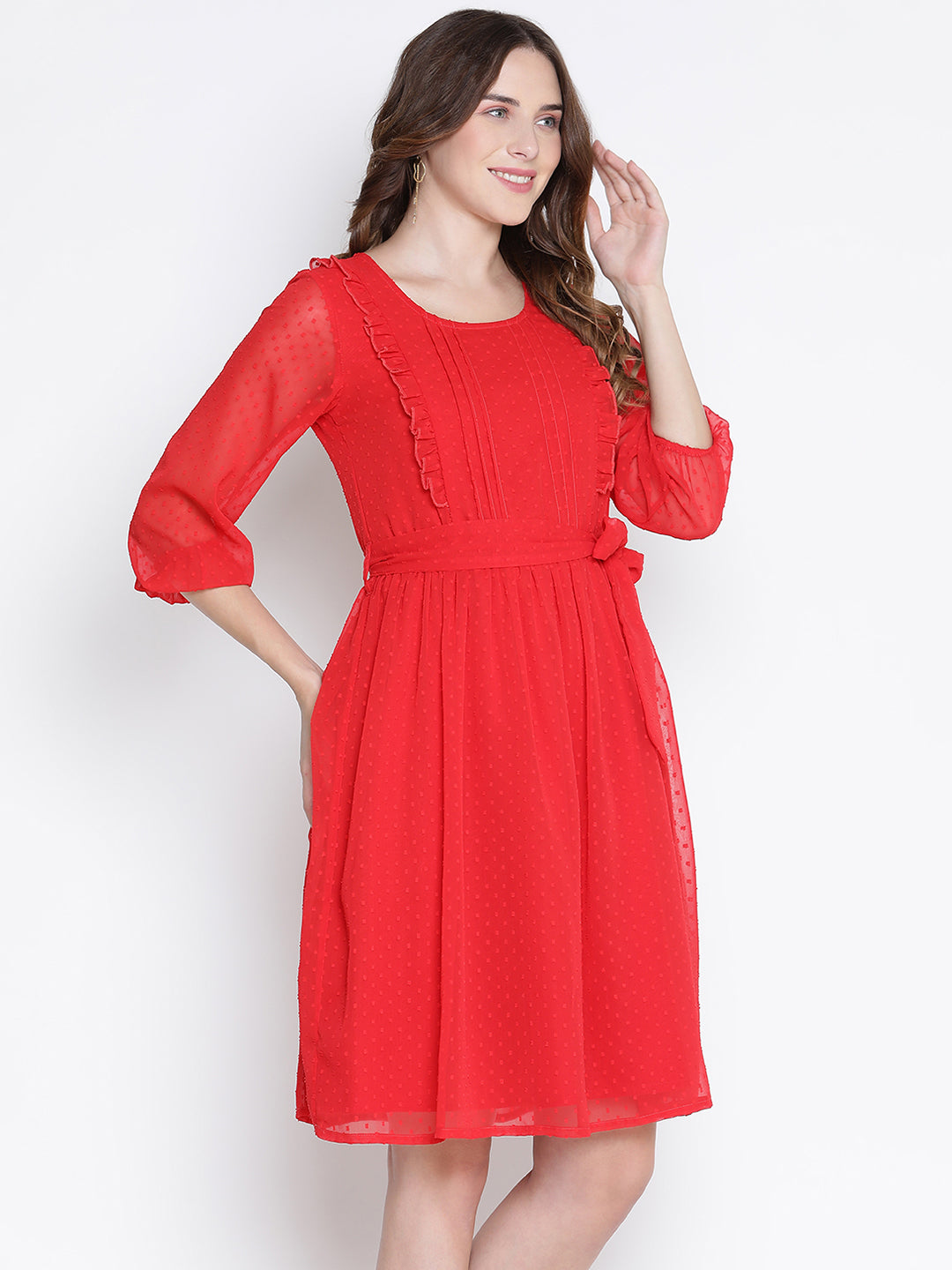 Knee Length,Red Dress,Knee Length Dress,Round Neck Dress,Quater Sleeves Dress,Red Solid Dress