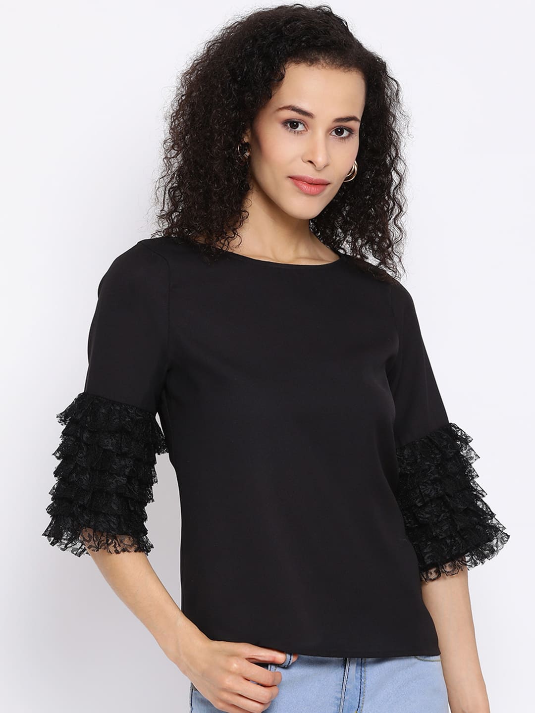 Regular,Black Top,Regular Top,Round Neck Top,Quater Sleeves Top,Black Solid Top