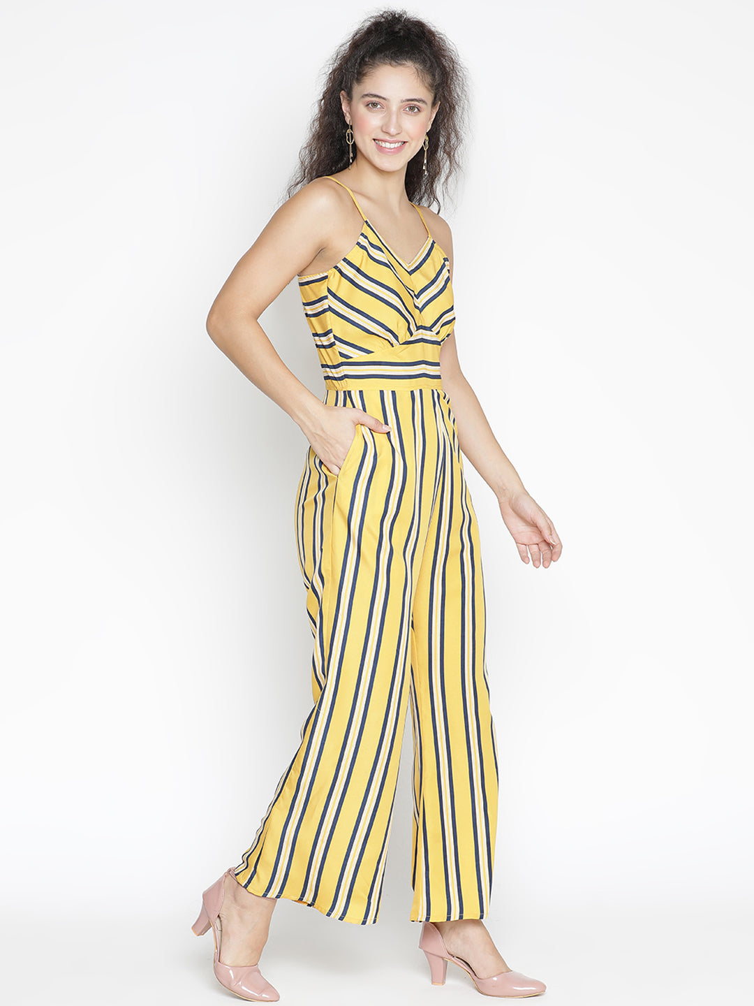 Ankle Length,Yellow Jumpsuit,Ankle Length Jumpsuit,V-Neck Jumpsuit,Sleeveless Jumpsuit,Yellow Stripes Jumpsuit