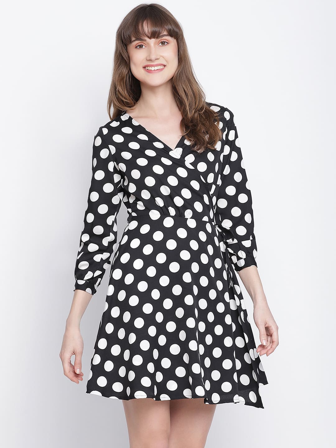 Knee Length,Black Dress,Knee Length Dress,V-Neck Dress,Quater Sleeves Dress,Black Polka Dots Dress