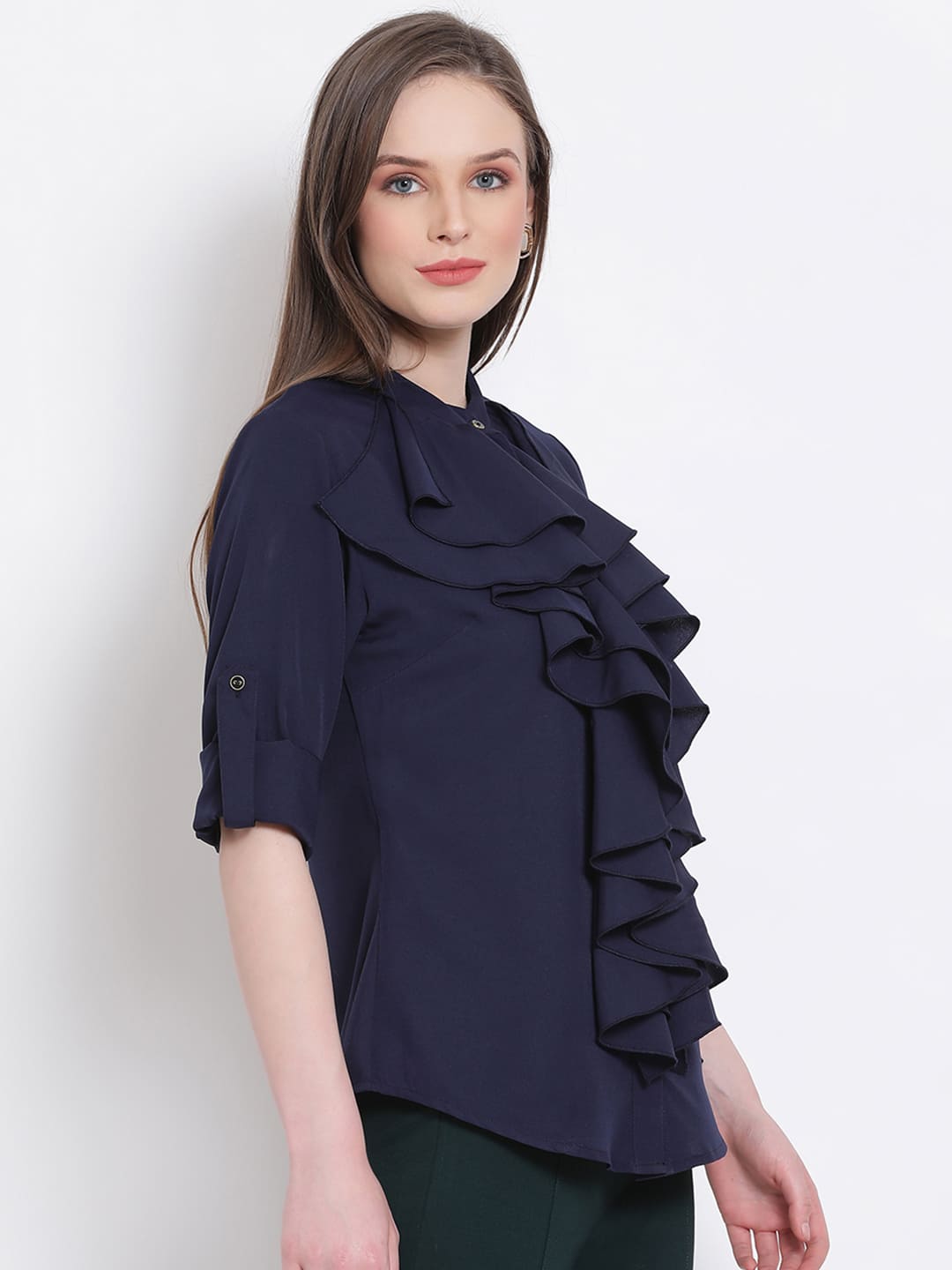 Regular,Blue Top,Regular Top,V-Neck Top,Quater Sleeves Top,Blue Solid Top