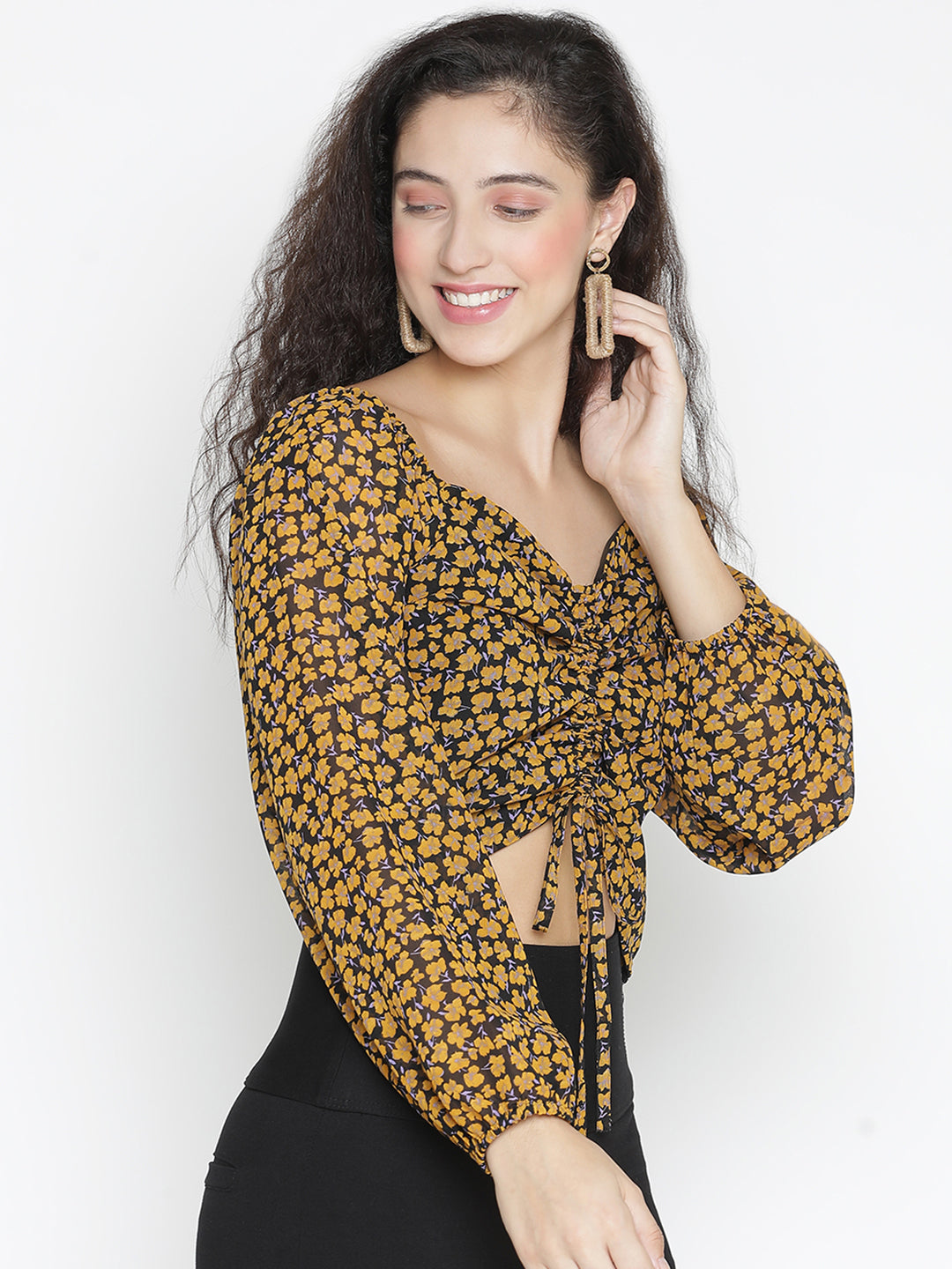 Crop Top,Yellow Top,Crop Top,V-Neck Top,Full Sleeves Top,Yellow Animal Print Top