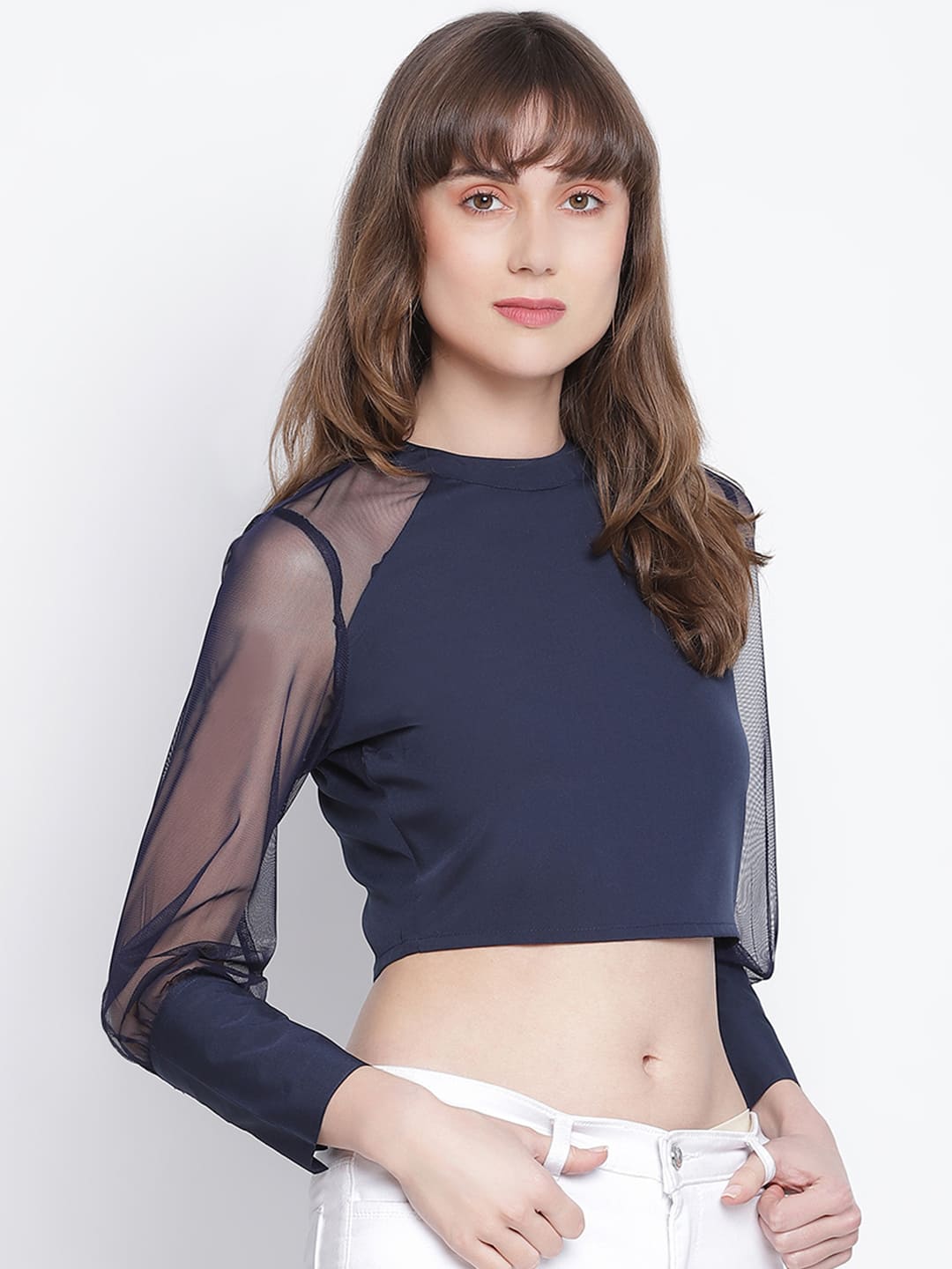 Crop Top,Blue Top,Crop Top,Round Neck Top,Full Sleeves Top,Blue Solid Top