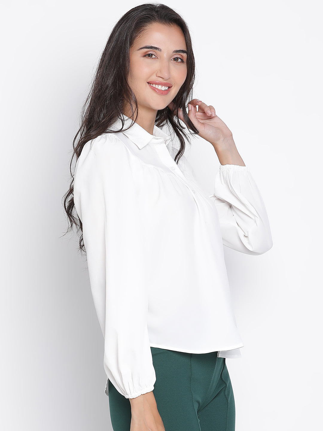 Regular,White Top,Regular Top,Collared Neck Top,Full Sleeves Top,White Solid Top