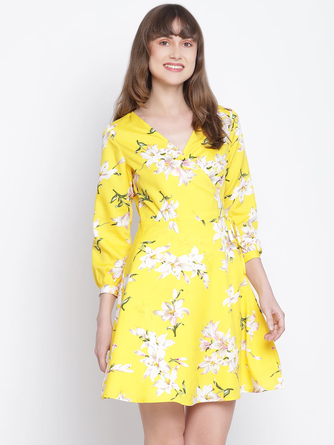 Knee Length,Yellow Dress,Knee Length Dress,V-Neck Dress,Quater Sleeves Dress,Yellow Floral Print Dress