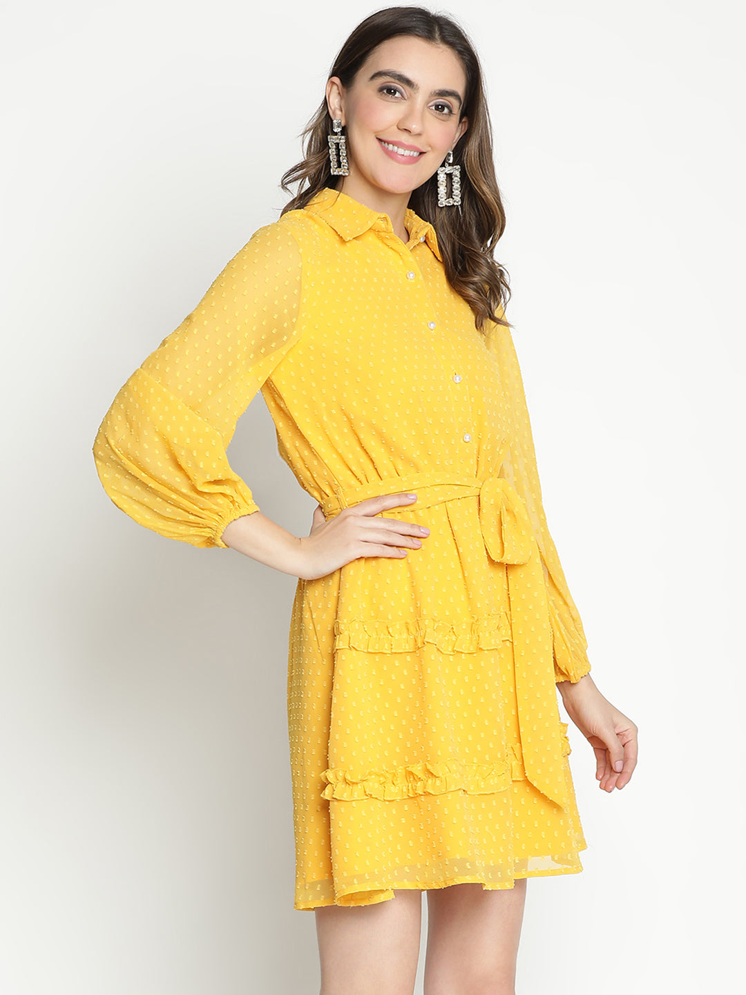 Knee Length,Yellow Dress,Knee Length Dress,Collared Neck Dress,Full Sleeves Dress,Yellow Solid Dress