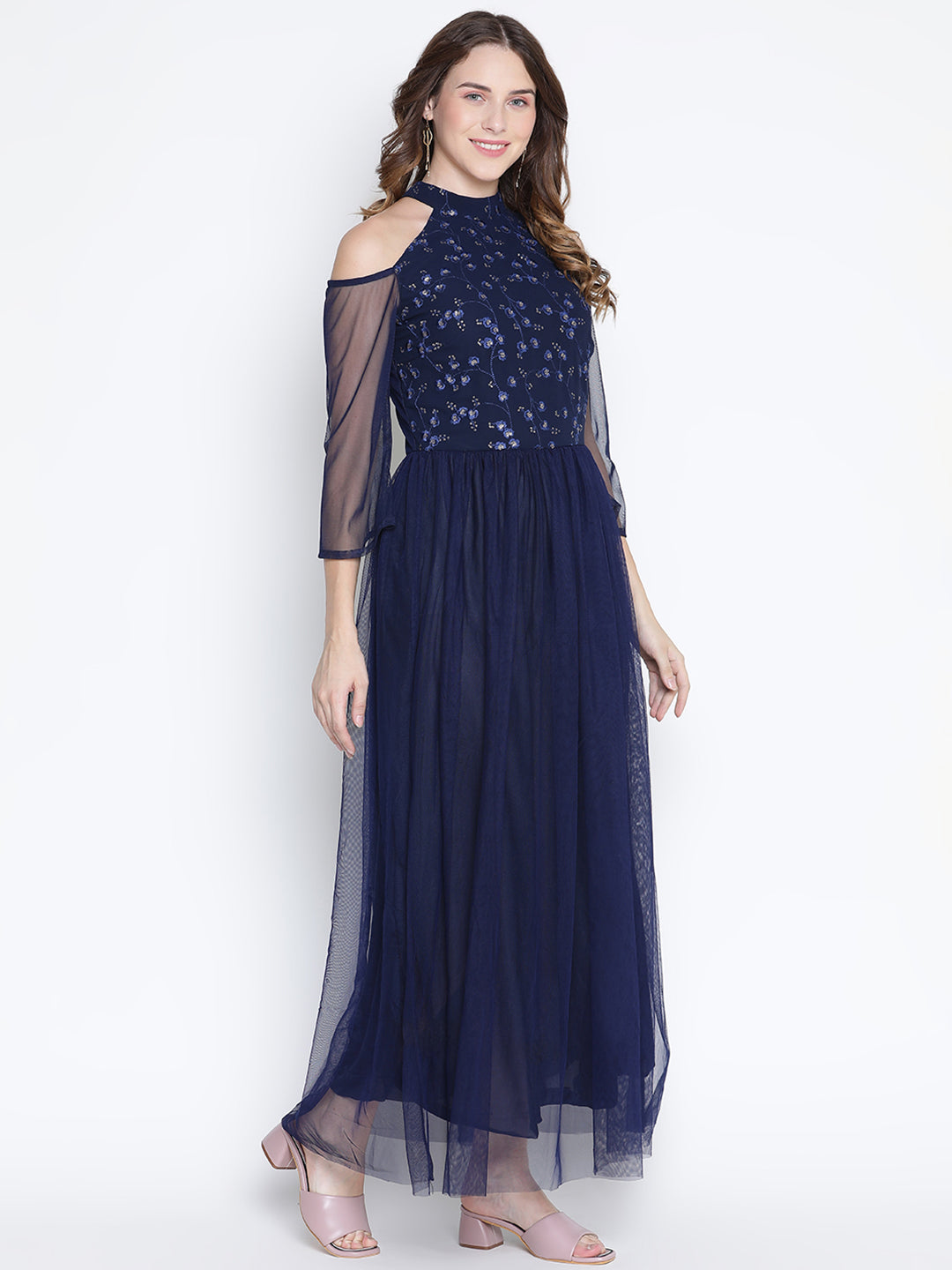 Maxi,Blue Dress,Maxi Dress,Round Neck Dress,Quater Sleeves Dress,Blue Sequined Dress