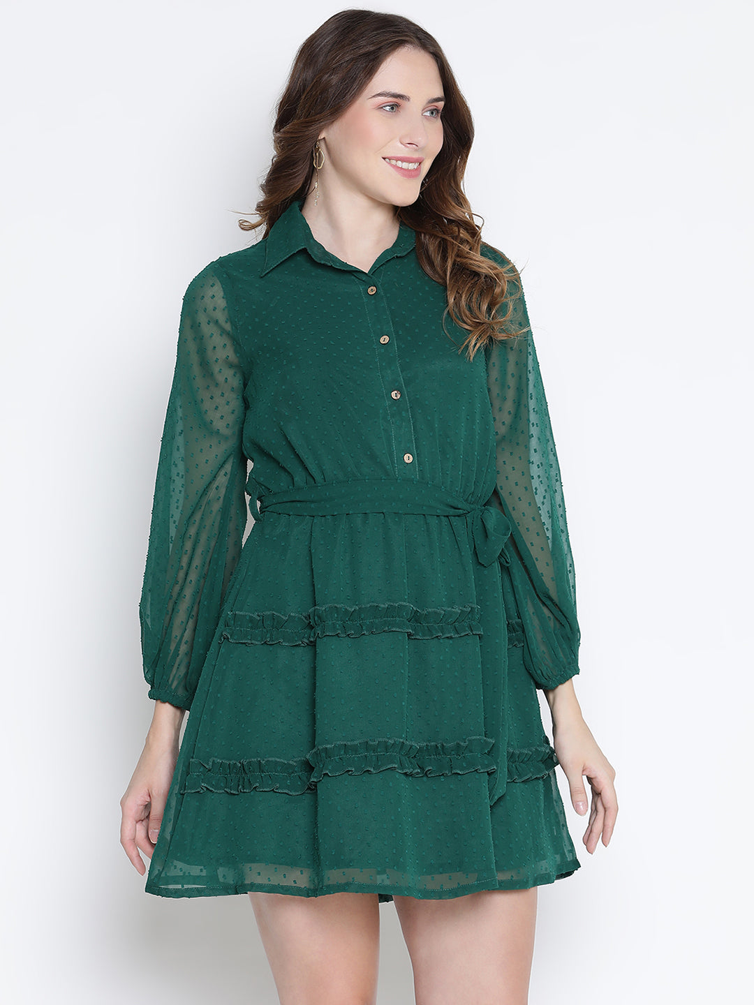 Knee Length,Green Dress,Knee Length Dress,Collared Neck Dress,Full Sleeves Dress,Green Solid Dress